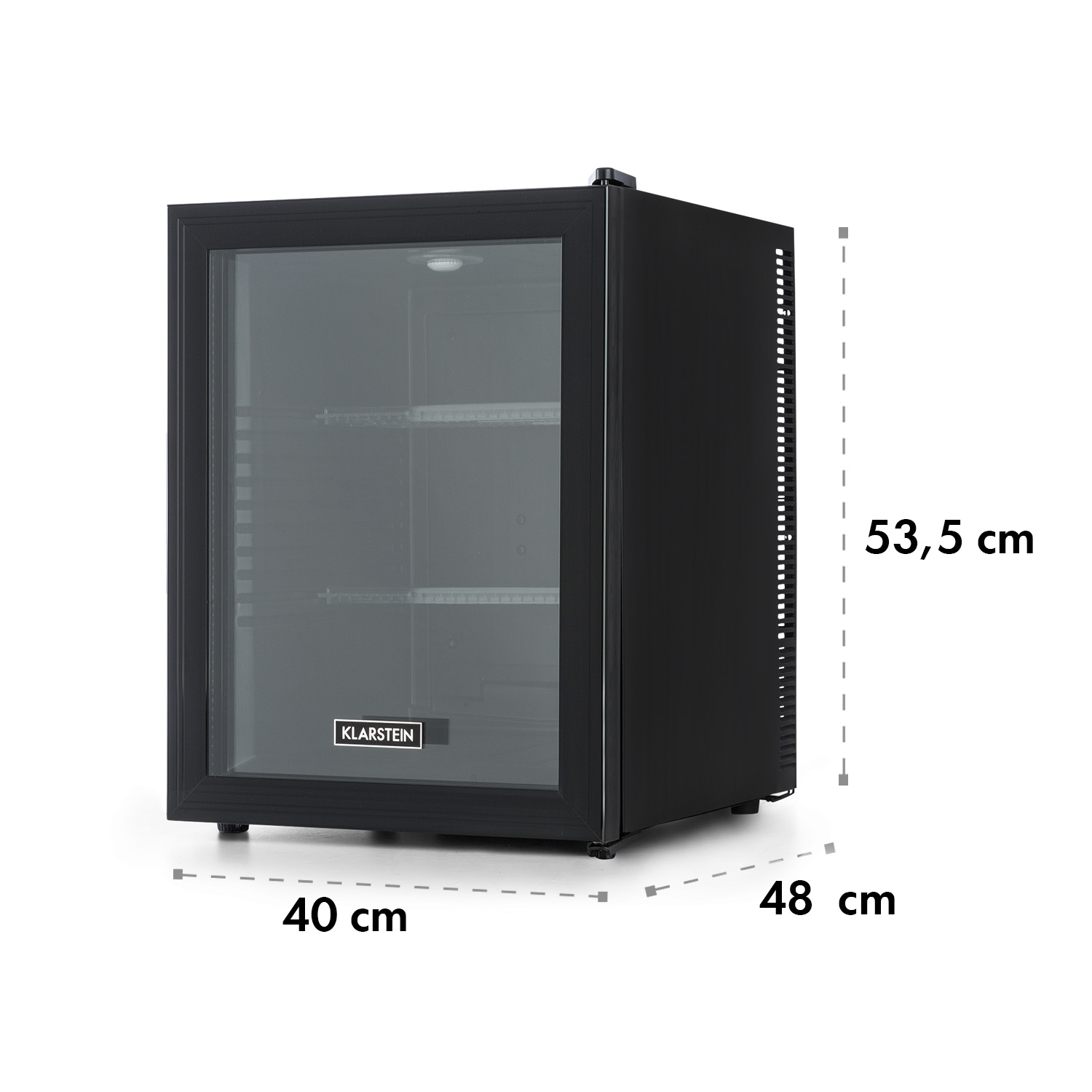 Mini frigo nero con porta a vetri. Le dimensioni sono visualizzate con le misure.