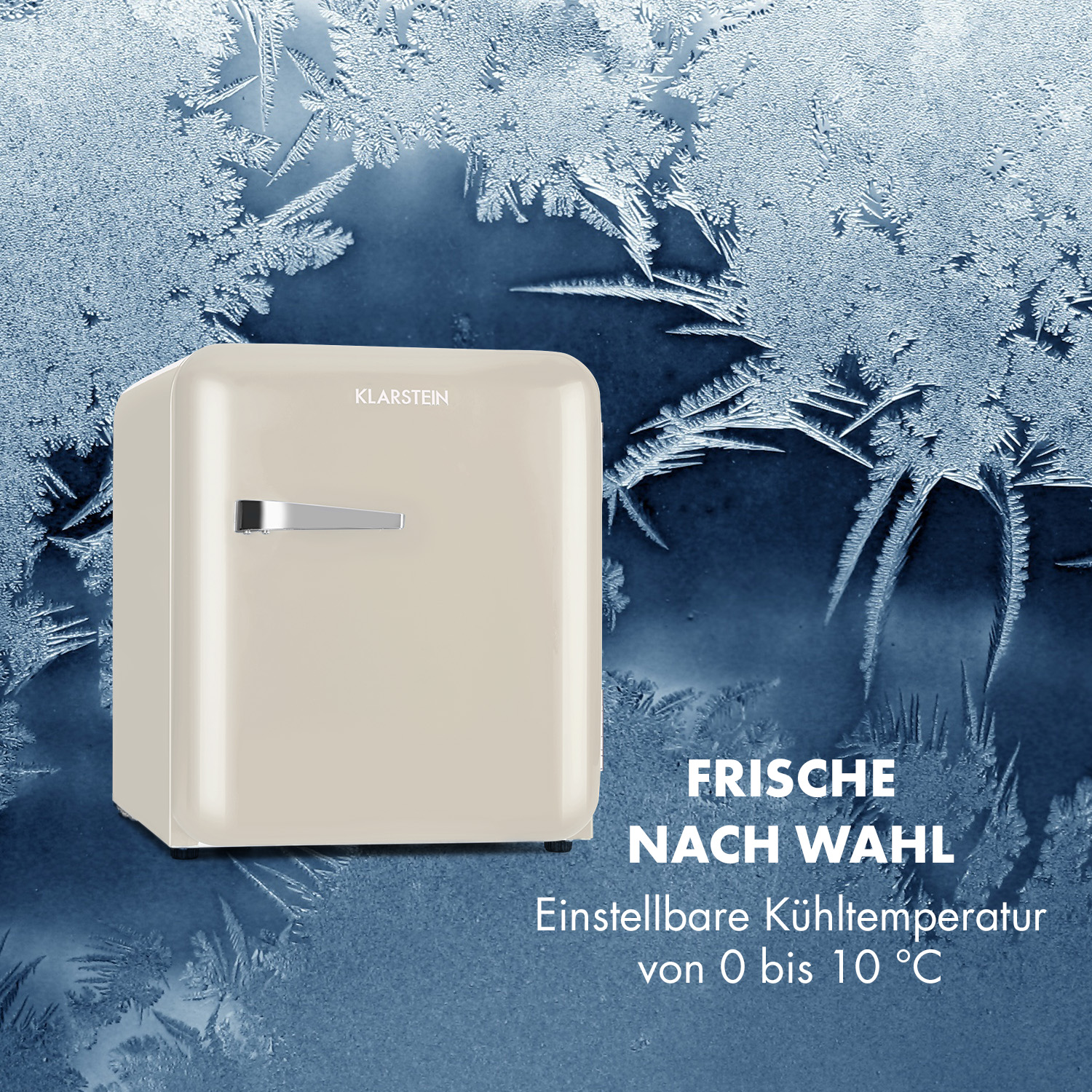 Mini-frigo beige su una superficie blu con brina. Il testo 'Frische nach Wahl' è presente.