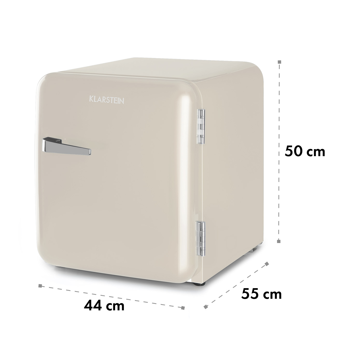 Mini frigo retrò beige, maniglia argentata, dimensioni 44x55x50 cm. Logo Klarstein sulla porta.