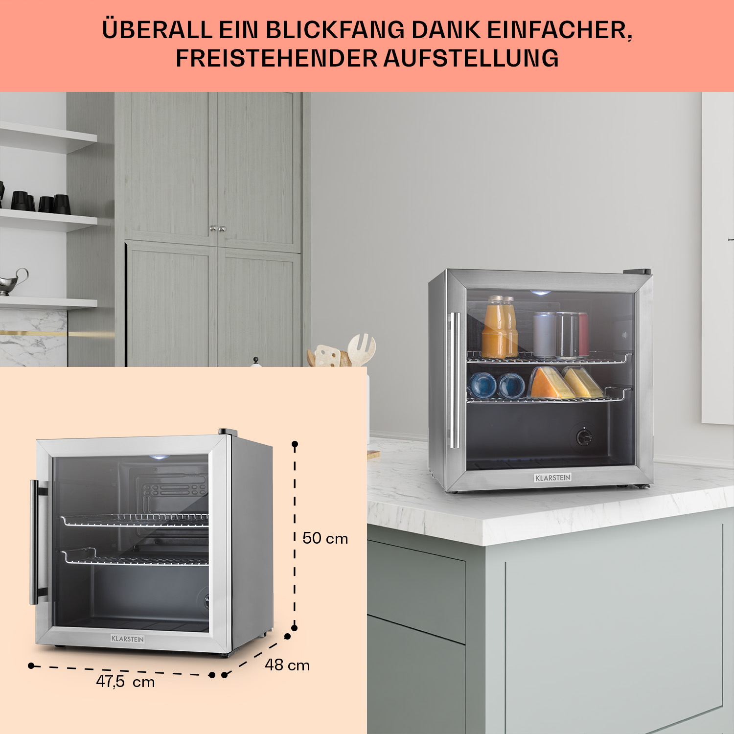 Silberner Minikühlschrank mit Glastür, Getränken und Lebensmitteln, Maße 47,5cm x 48cm x 50cm.