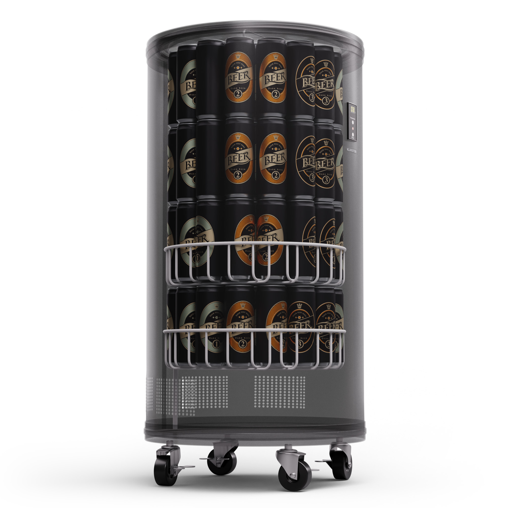 Frigorifero per lattine di birra con porta a vetri, che mostra lattine di birra impilate sugli scaffali. Ha le ruote.