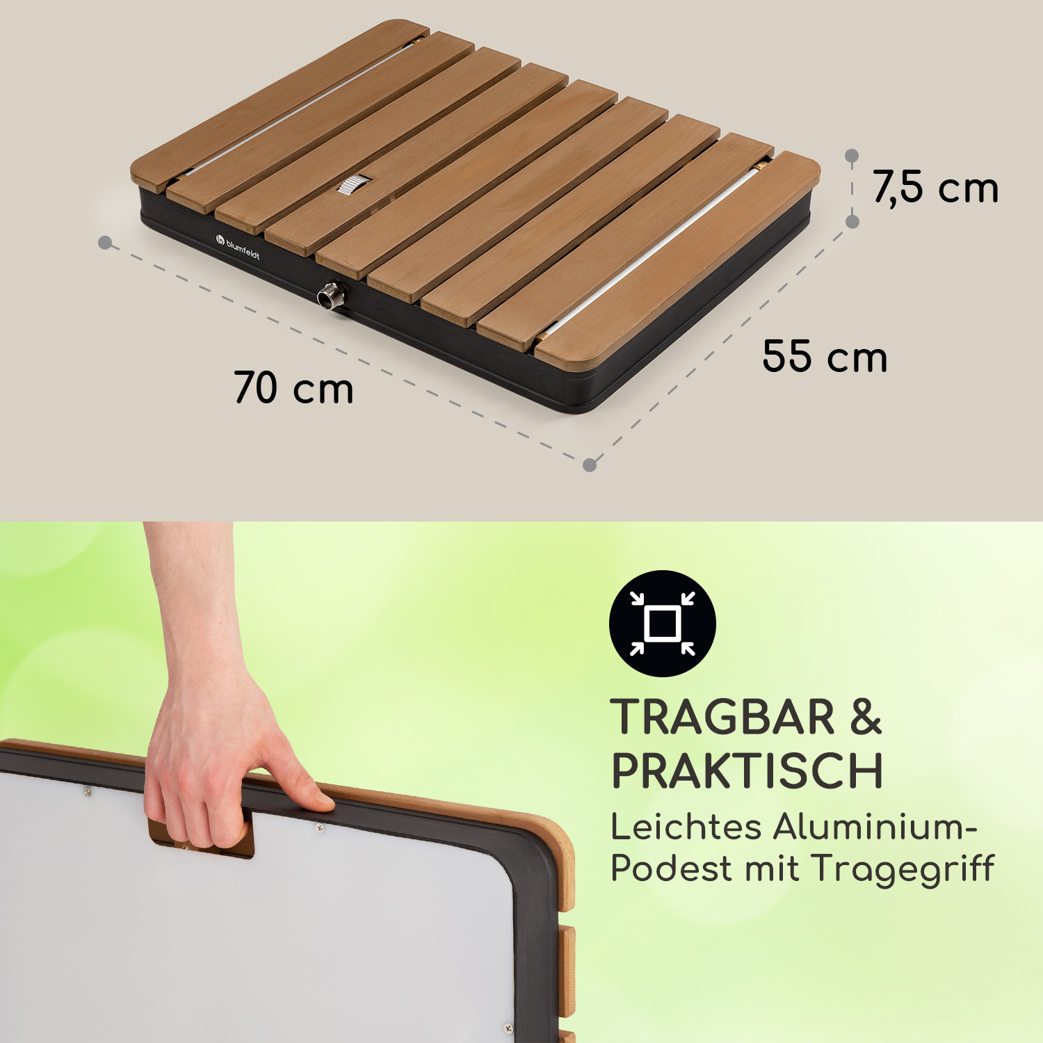 Holzdeck mit schwarzem Rahmen. Eine Hand hält das Deck.
