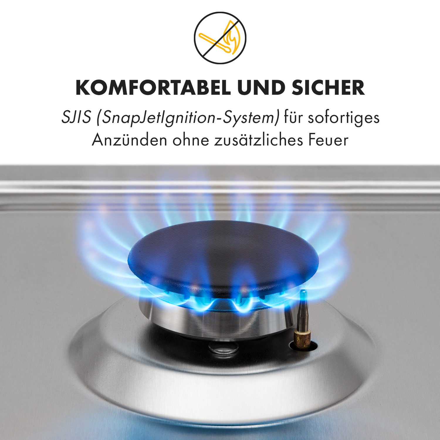 Gasbrenner mit blauer Flamme, Textüberlagerung zur Sicherheit.