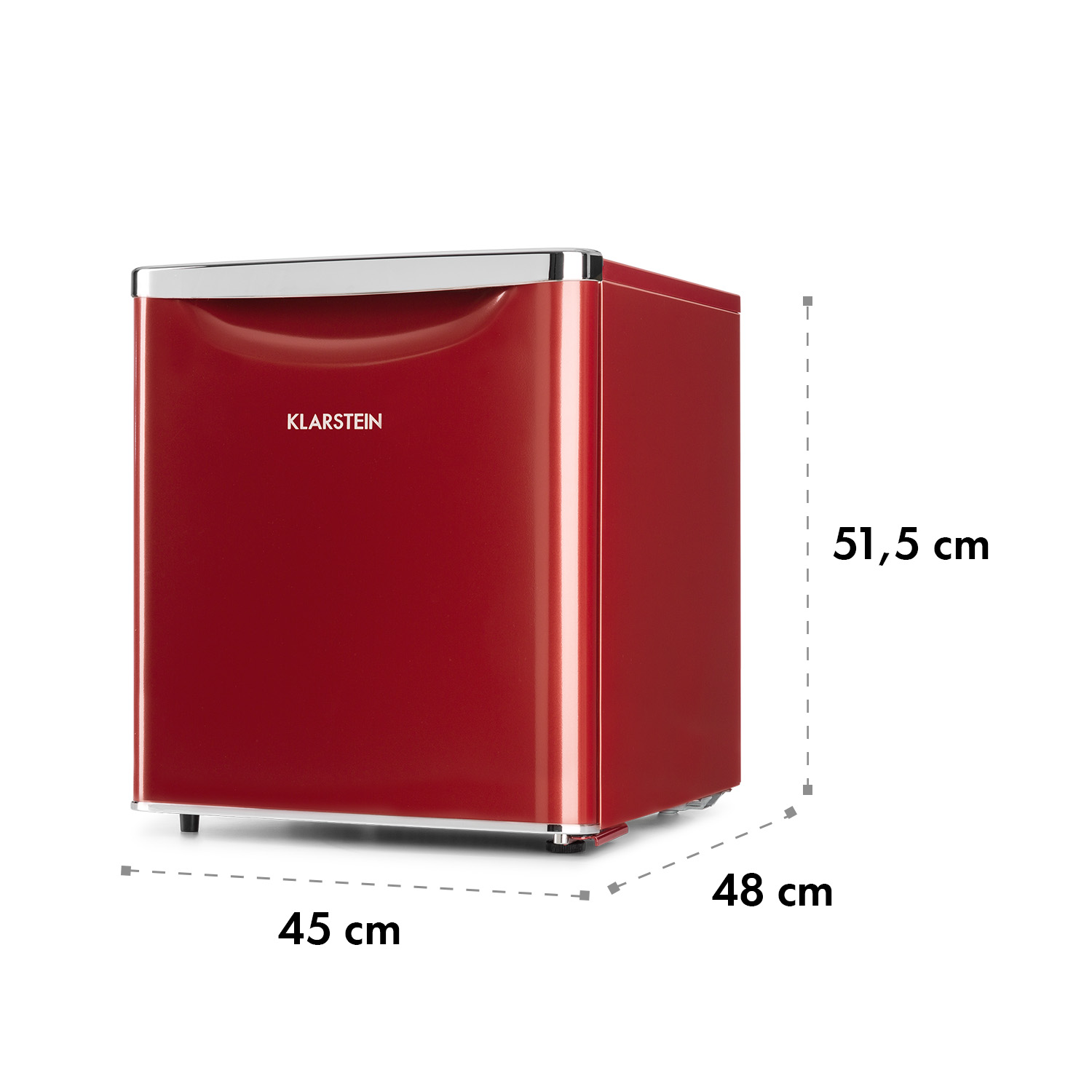 Un mini frigo rosso con dimensioni in cm. Ha una finitura superiore argentata.