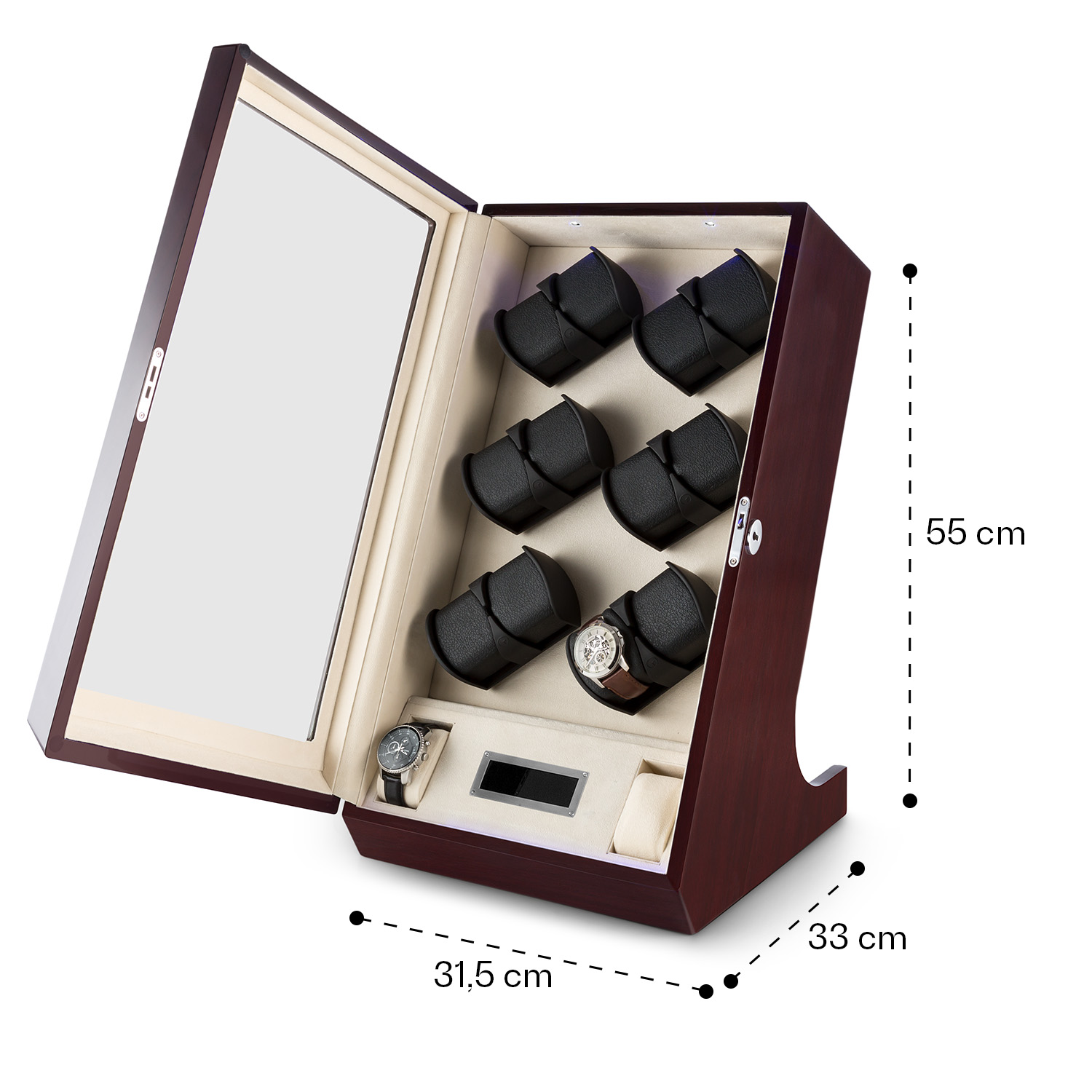 Uhrenbeweger aus Holz mit sechs Uhrenhaltern, Glastür und Maßen. Weißer Hintergrund.
