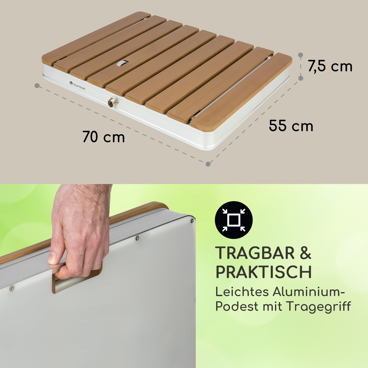 Eine rechteckige Duschbasis mit braunen Lamellen. Es hat einen weißen Rahmen und wird von einer Hand gehalten.