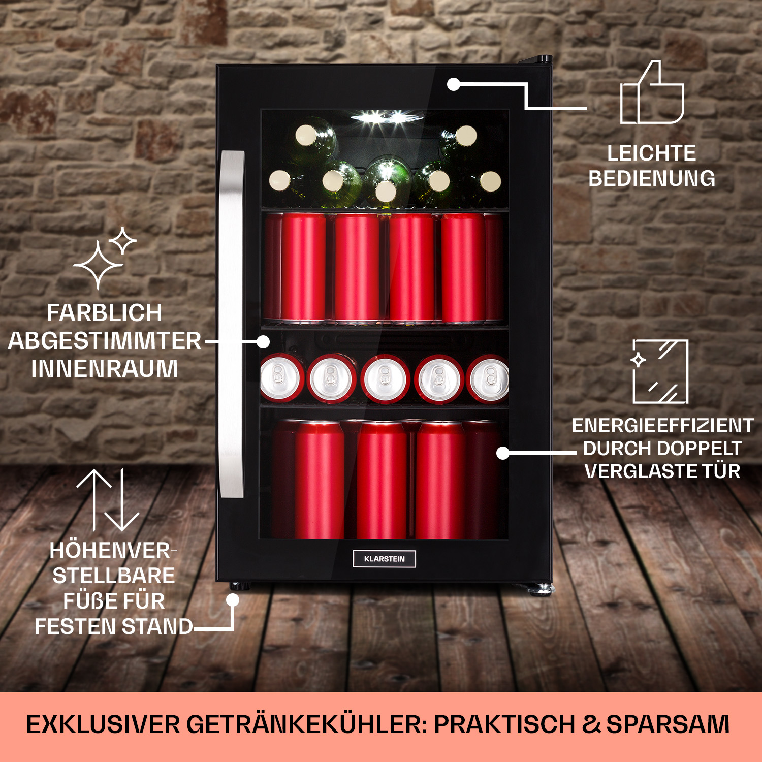 Ein schwarzer Mini-Kühlschrank mit Glastür, gefüllt mit Getränken. Er hat hervorgehobenen Text und Pfeile, die auf Merkmale zeigen.