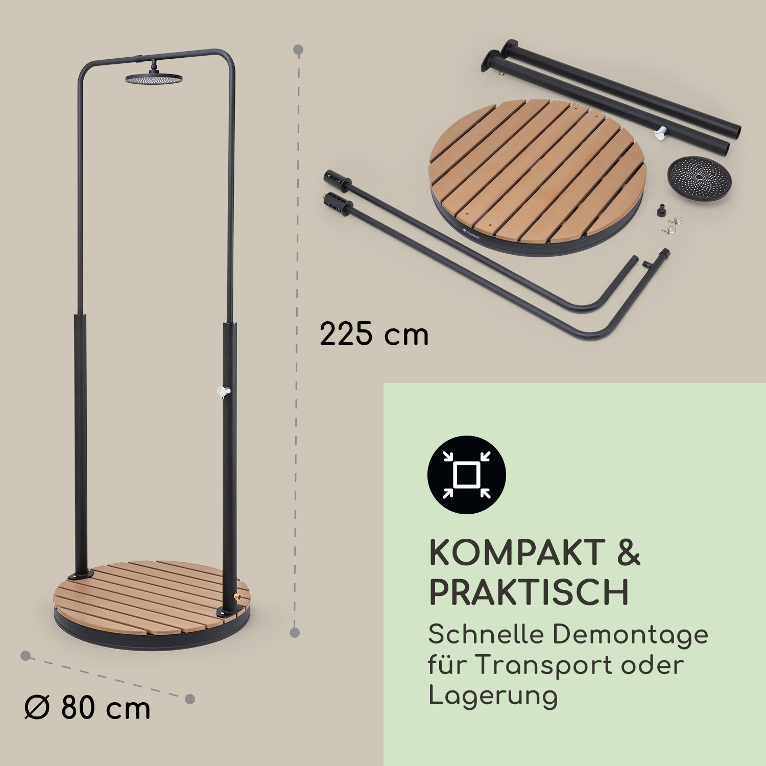 Außendusche mit runder Holzbasis und schwarzem Rahmen, mit Maßangaben.