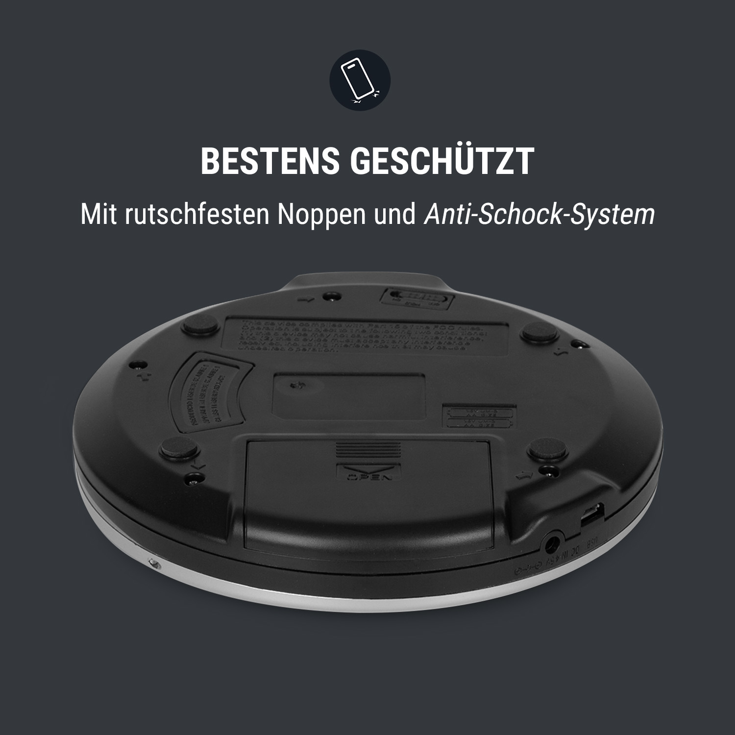 Schwarzes elektronisches Gerät. Text: Bestens geschützt, mit Anti-Schock-System.