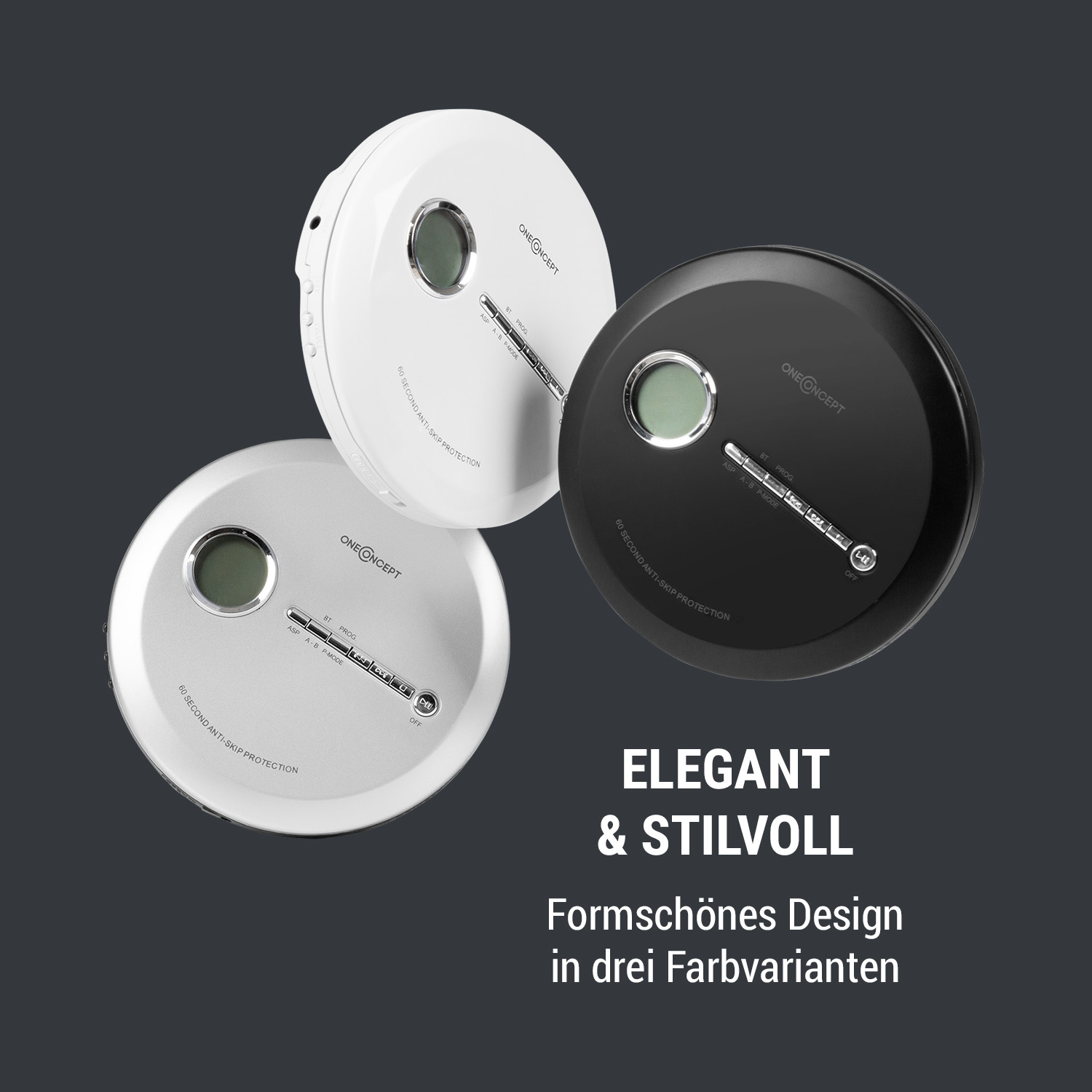 Drei tragbare CD-Player in Weiß und Schwarz, mit minimalistischem Design und dem Text "Elegant & Stilvoll".
