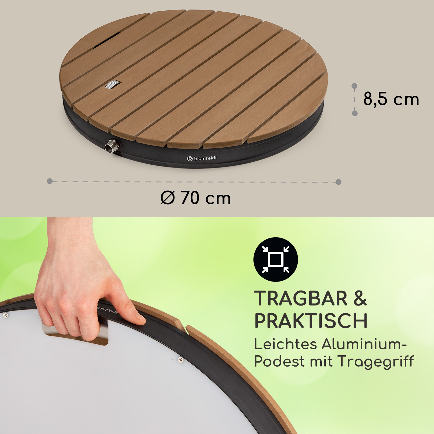 Runde Duschwanne aus Holz mit schwarzem Rand, gehalten von einer Hand, mit Maßen und Text: tragbar & praktisch.