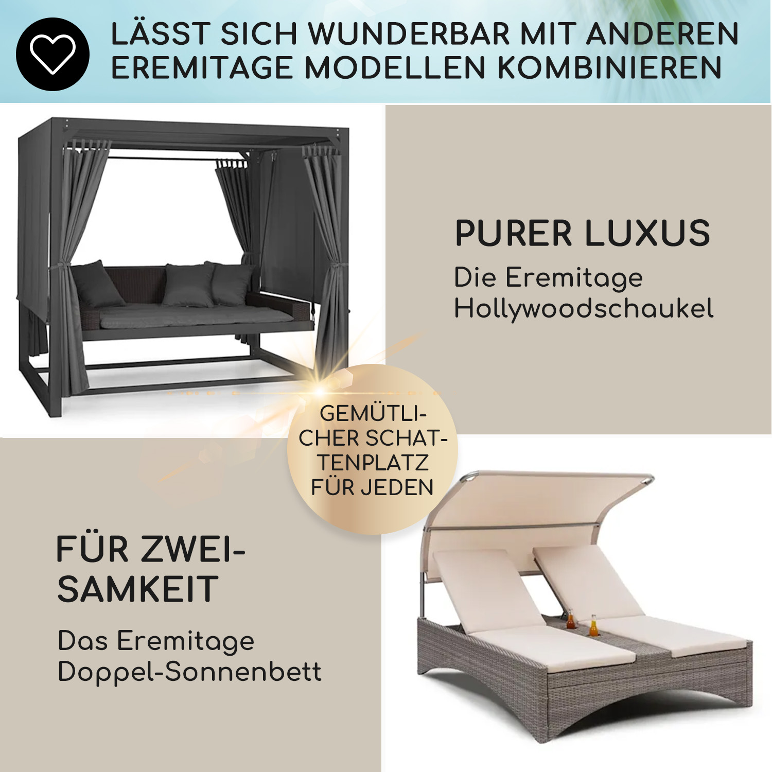 Eine Szene mit Gartenmöbeln, darunter eine Schaukel und zwei Liegestühle. Grau und beige Farben.