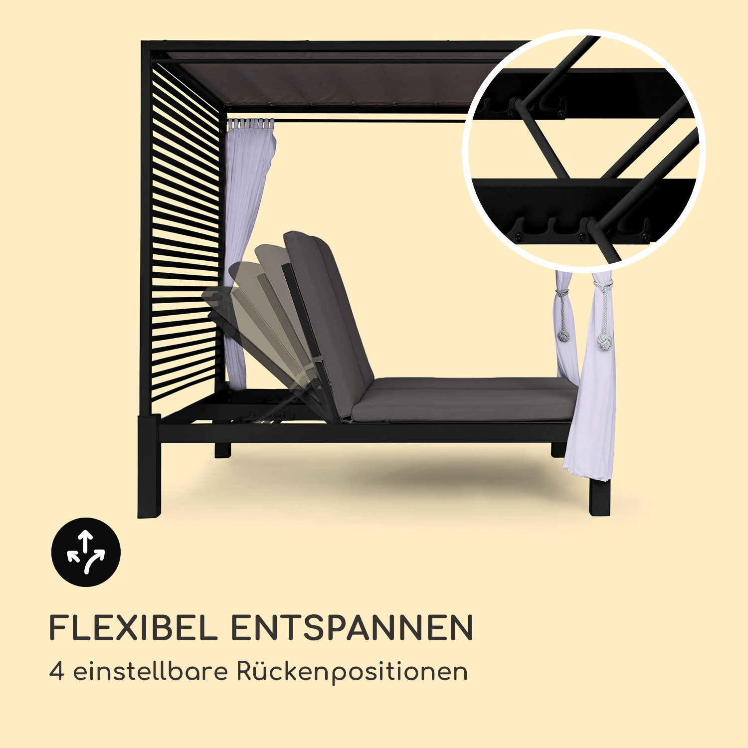 Schwarzes Outdoor-Baldachin mit verstellbaren Rückenlehnen, weißen Vorhängen und Detailansicht.