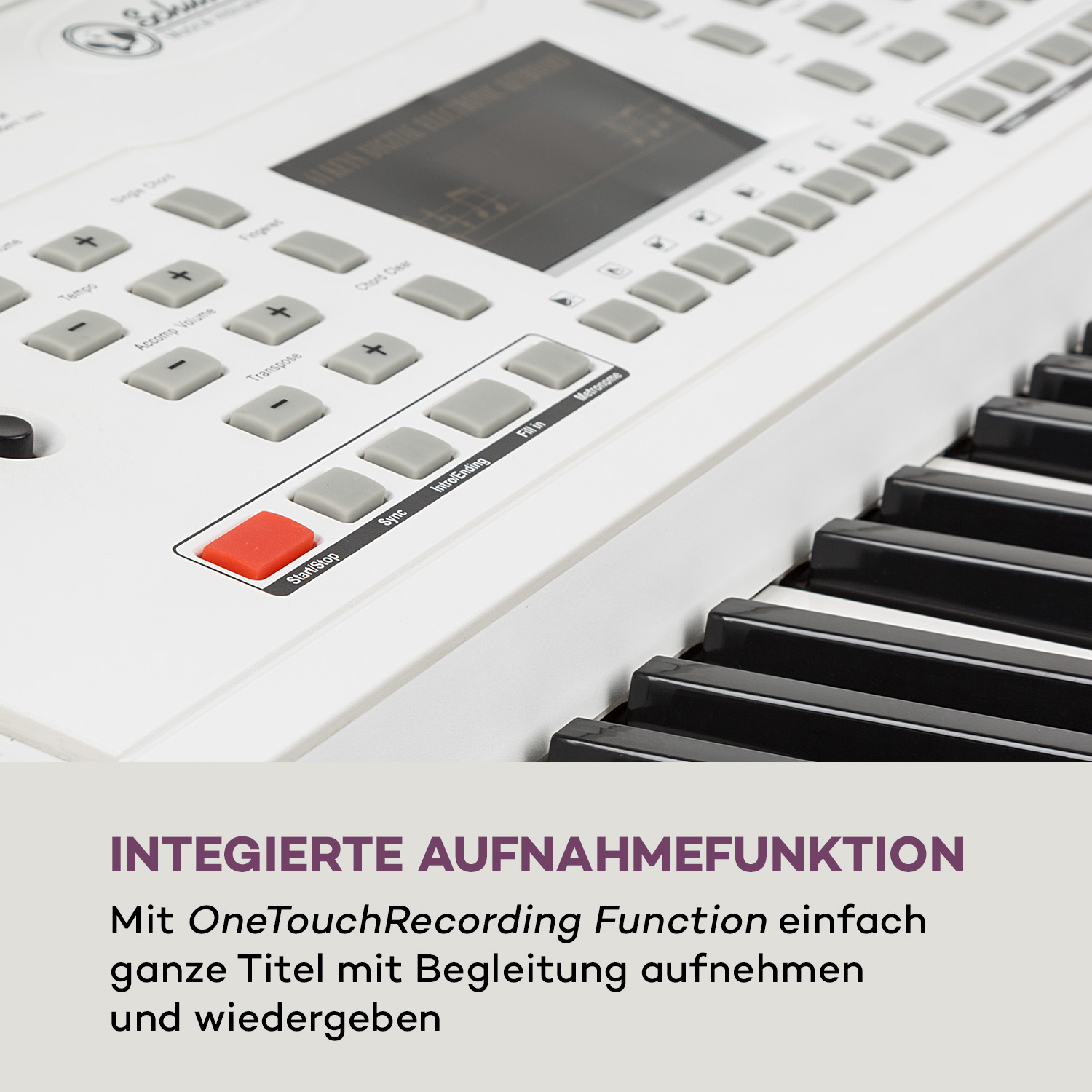 Eine weiße Tastatur mit schwarzen Tasten. Text in Lila: Integrierte Aufnahmefunktion.