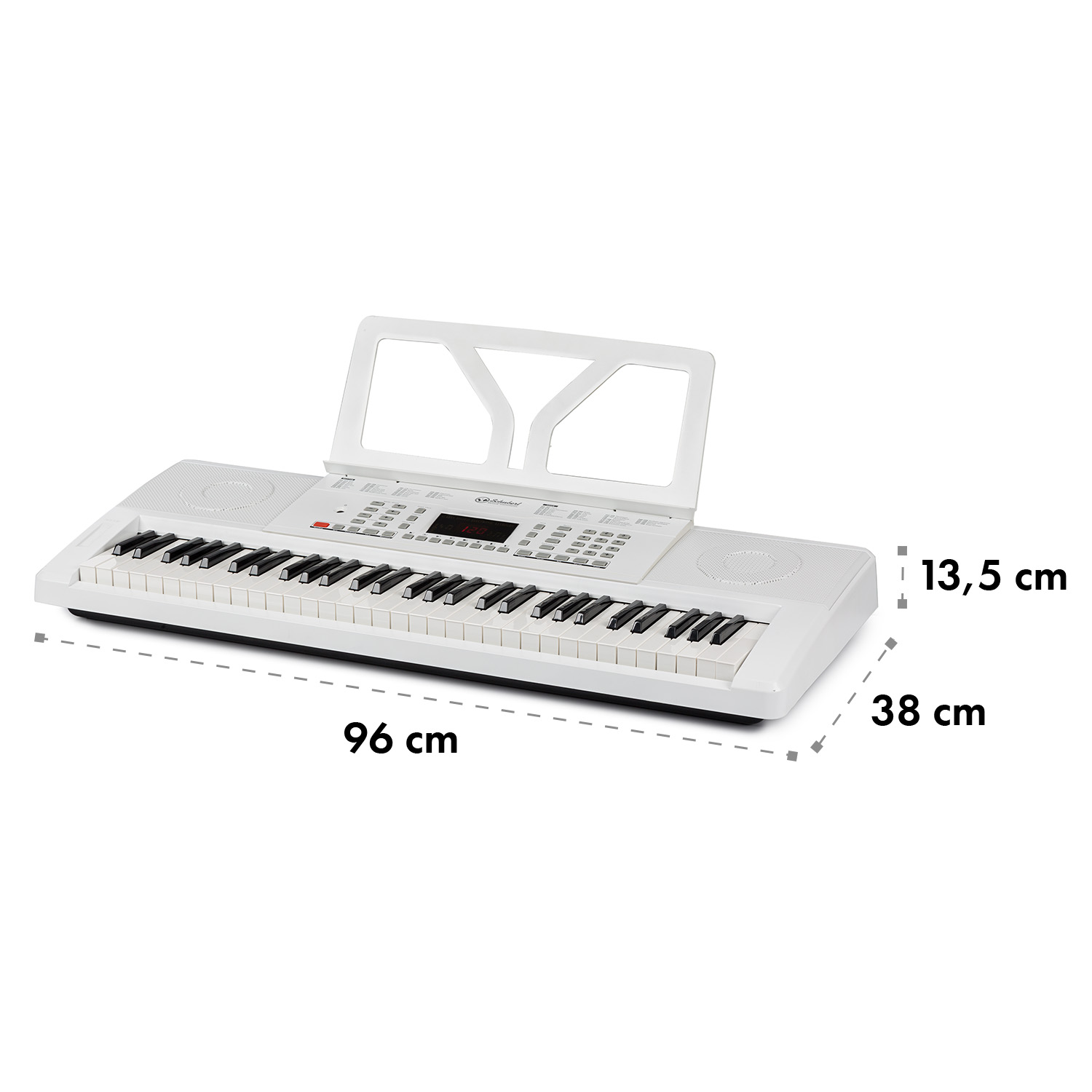 Weißes Digitalpiano mit schwarz-weißen Tasten. Inklusive Notenständer. Abmessungen: 96x38x13,5 cm.