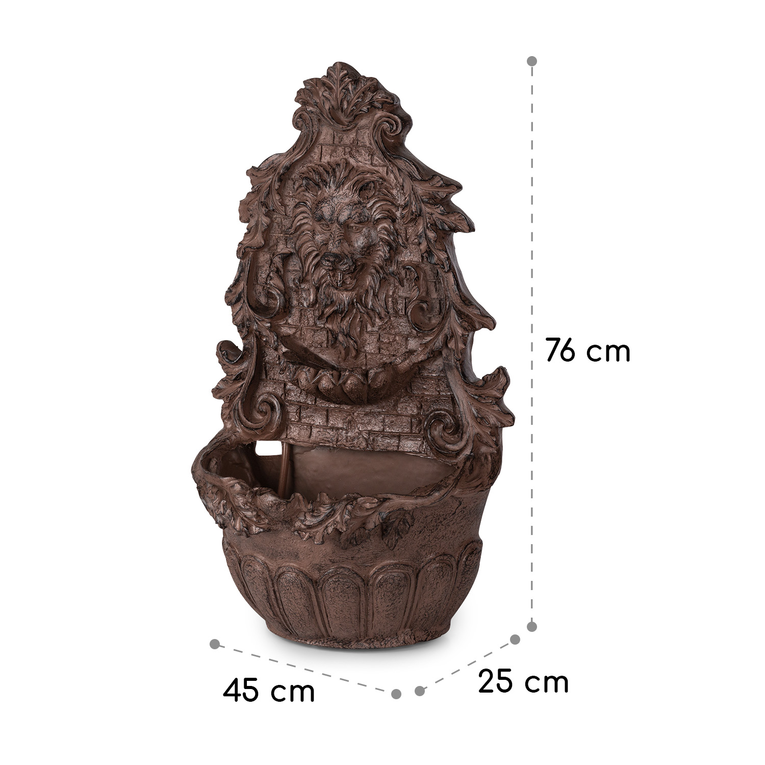 Fuente marrón con diseño de cara de león, con medidas de 76 cm, 45 cm y 25 cm.