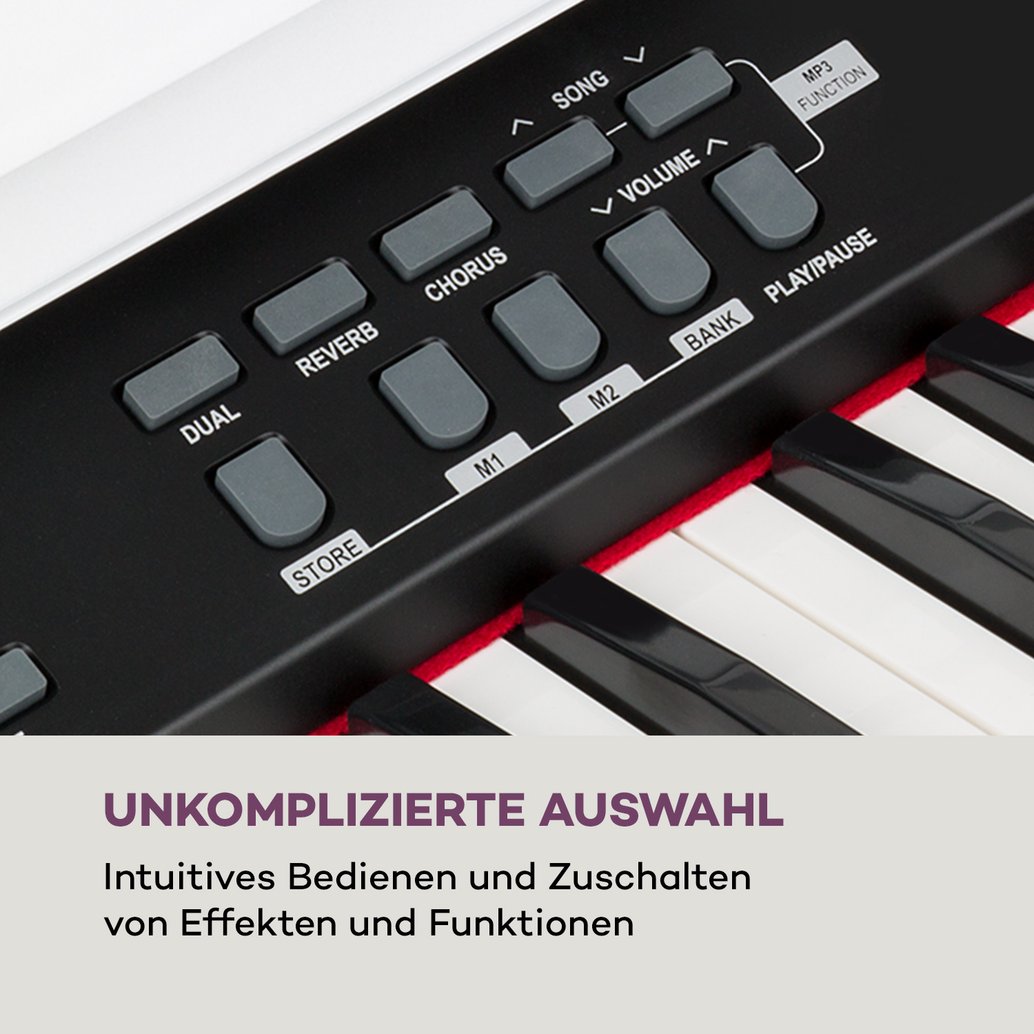 Klaviertastatur mit Knöpfen. Schwarz-weiße Tasten. Nahaufnahme.