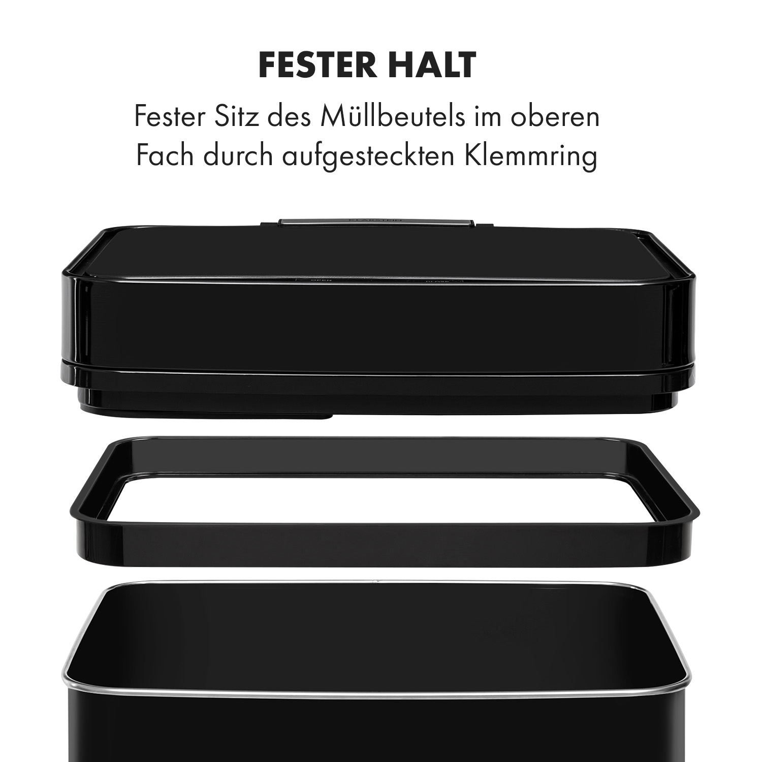 Pattumiera rettangolare nera con tre parti separate: coperchio, anello e base.