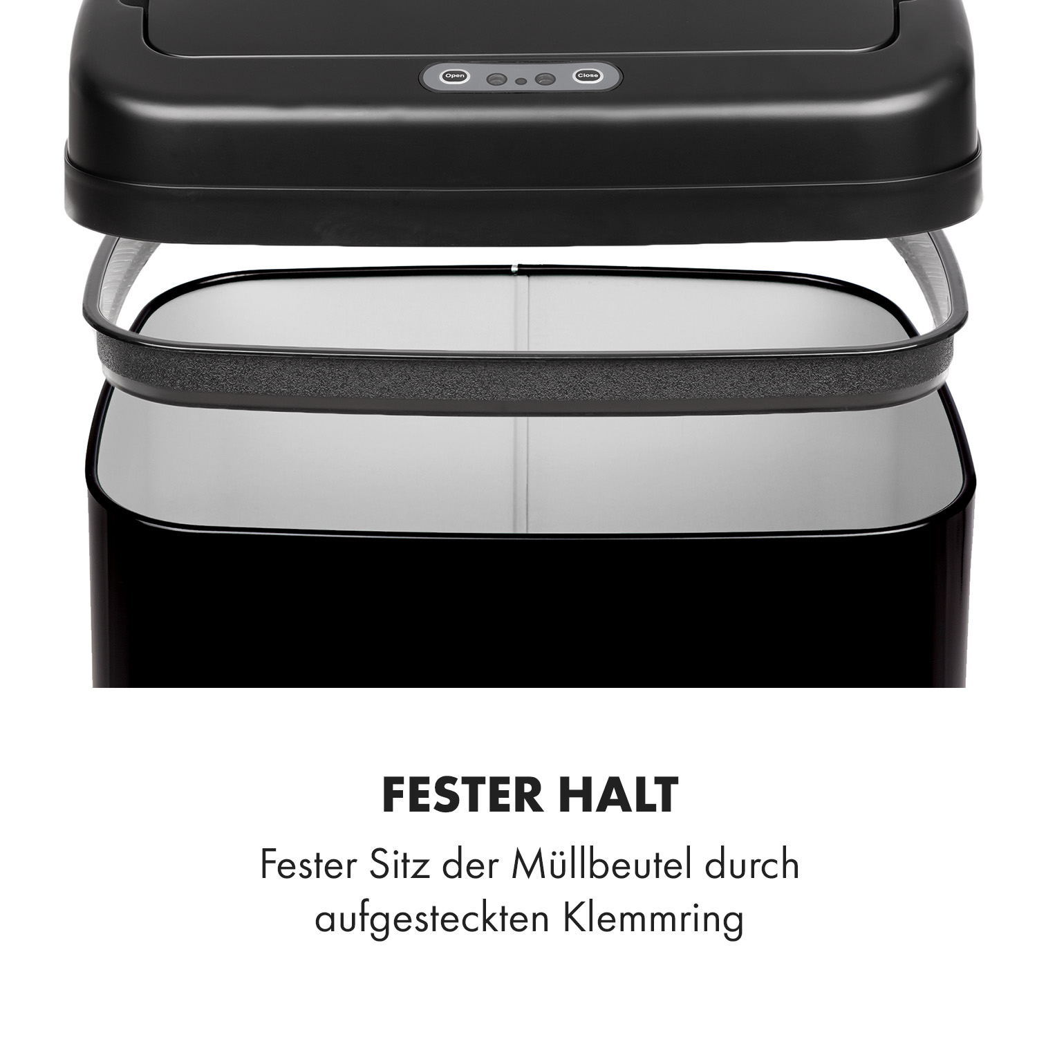 Ein schwarzer Mülleimer mit Deckel, der einen befestigten Müllbeutel mit Klemmring zeigt.
