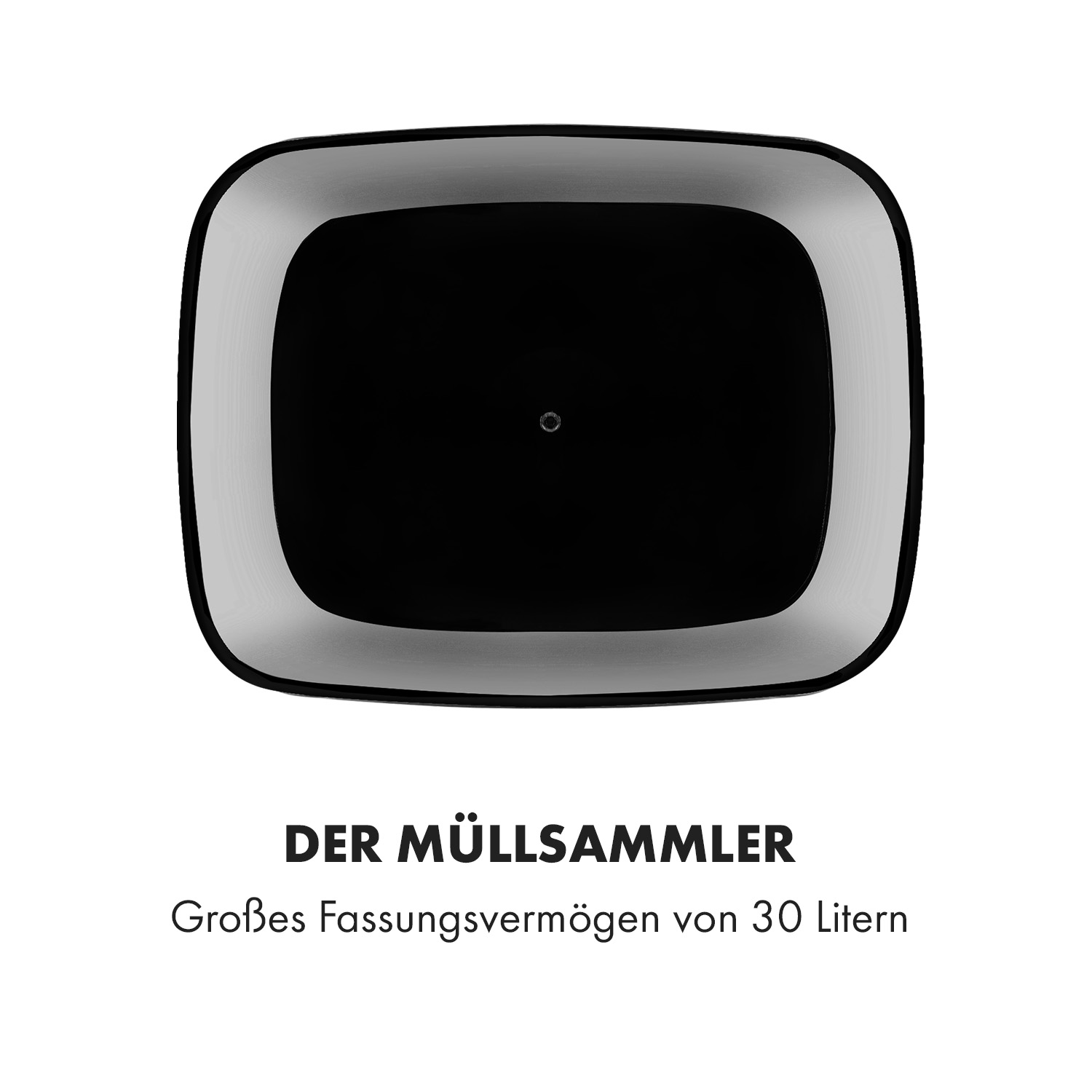 Schwarz-silberner Mülleimer. Text: DER MÜLLSAMMLER, Großes Fassungsvermögen von 30 Litern.