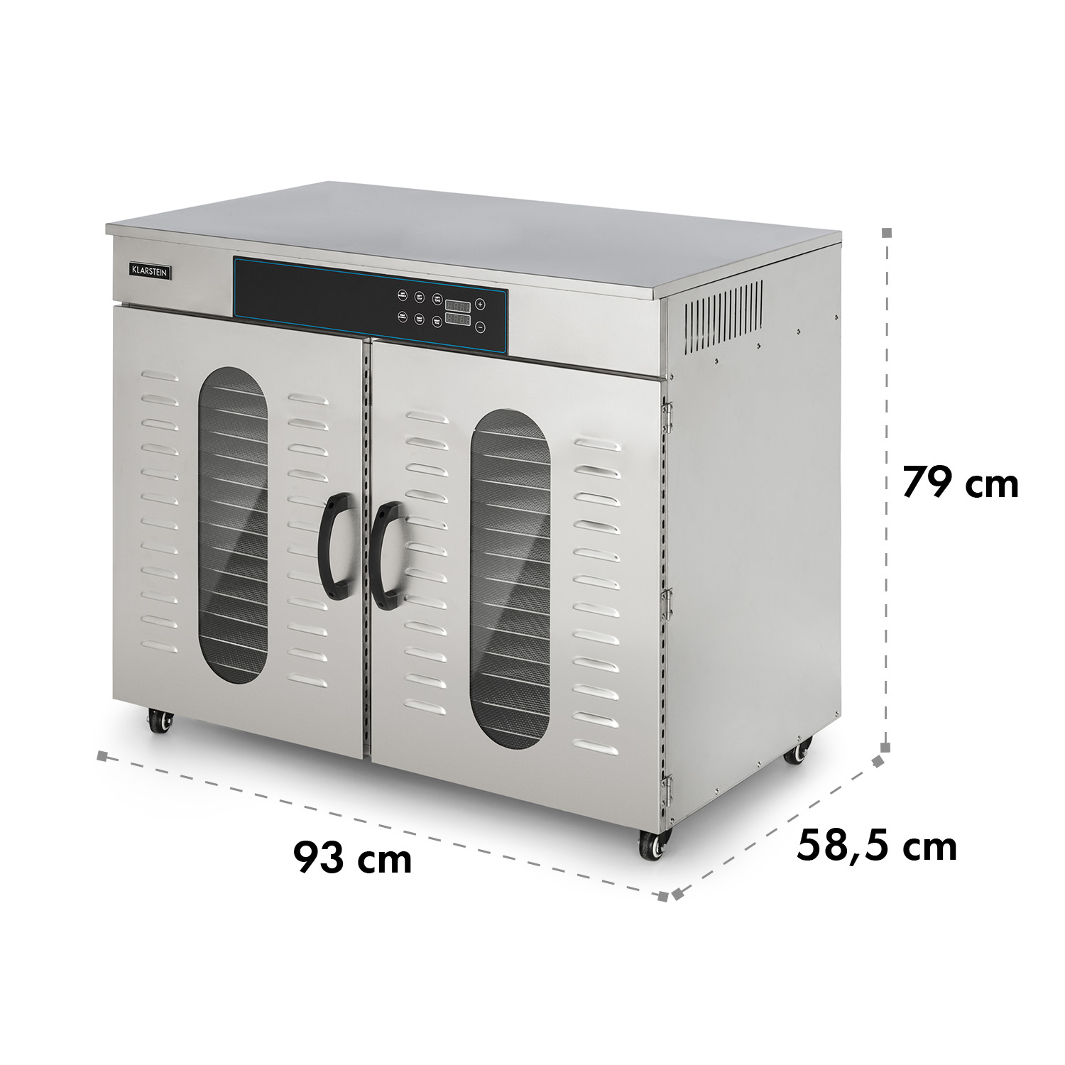 Essiccatore alimentare in acciaio inossidabile con due porte, un pannello di controllo e dimensioni in cm.