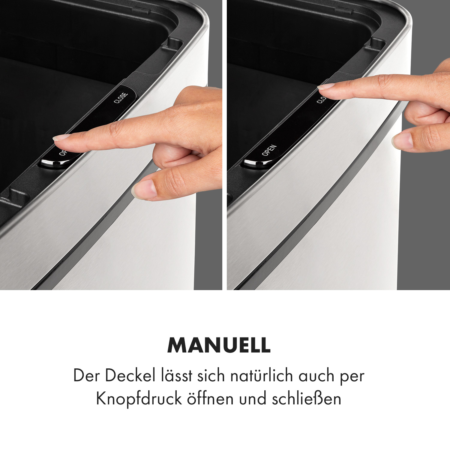 Nahaufnahme einer Hand, die Knöpfe auf einem weißen Mülleimerdeckel drückt. Der Deckel ist offen.