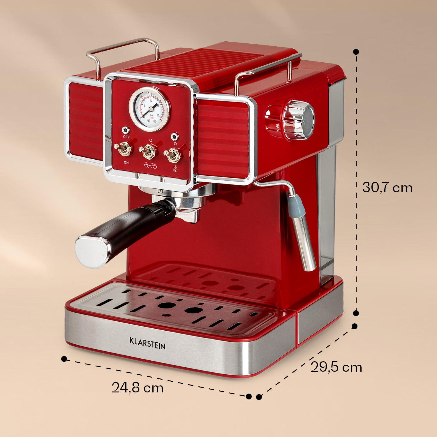 Una macchina per espresso rossa con dimensioni etichettate.