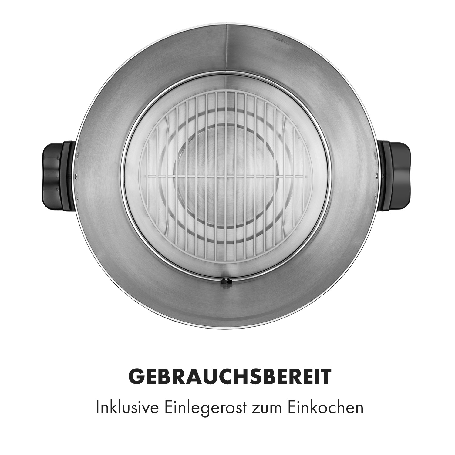 Ein Edelstahlgrill mit weißem Rost von oben gesehen.