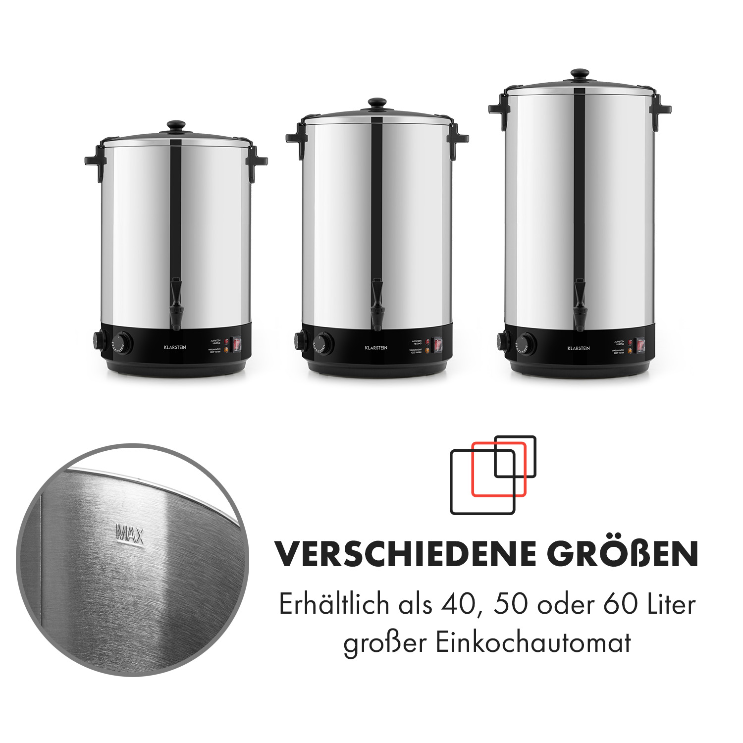 Drei Edelstahl-Wasserkocher in verschiedenen Größen. Text: 'verschiedene Größen'.