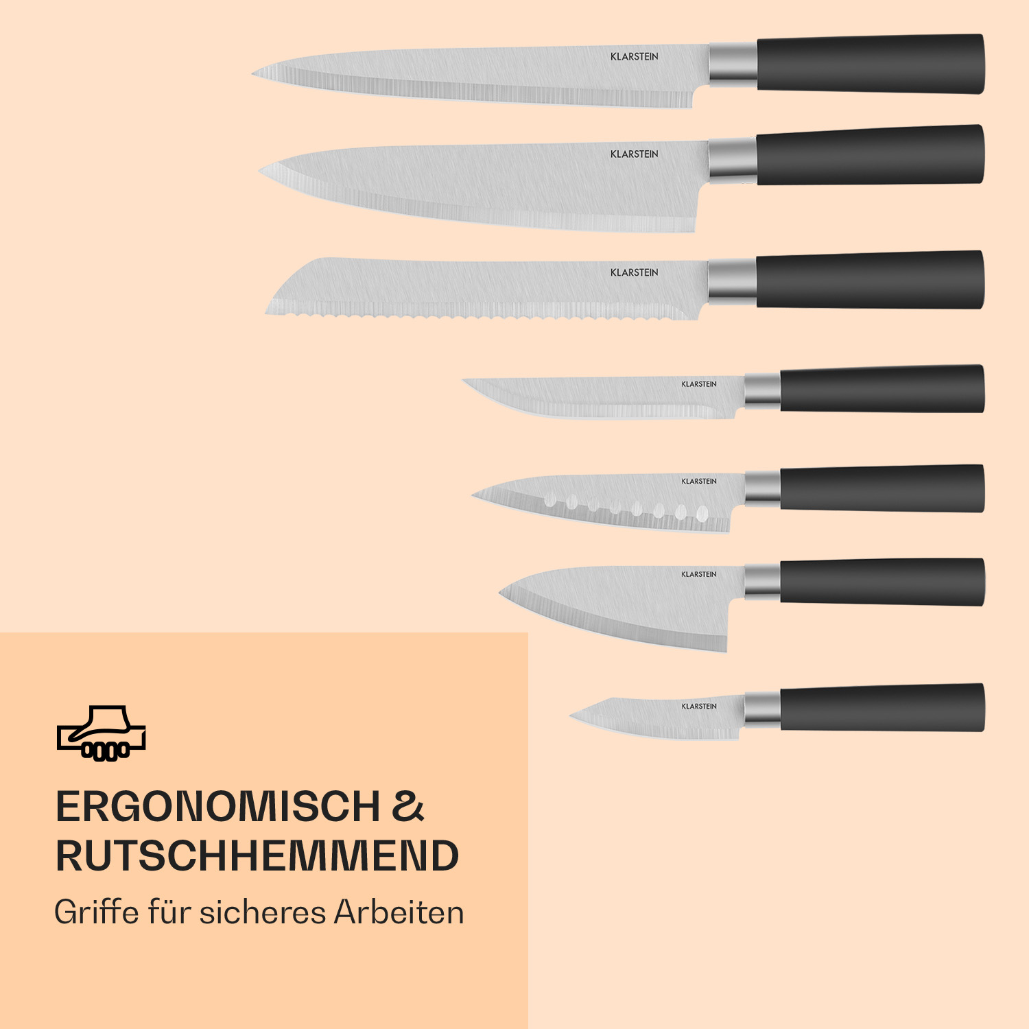 Ein Set aus sieben Küchenmessern mit schwarzen Griffen auf hellorangefarbenem Hintergrund. Text: "ERGONOMISCH & RUTSCHHEMMEND".