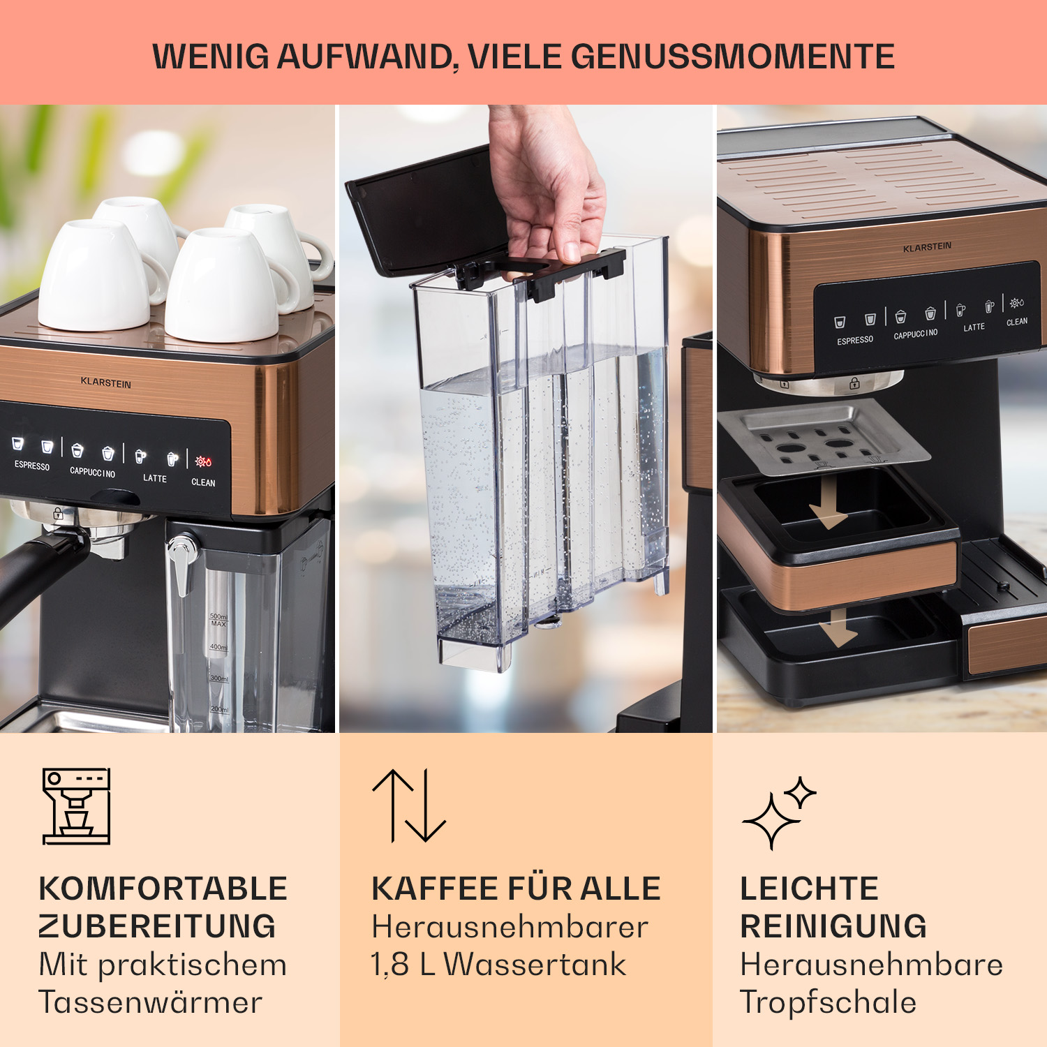 Macchina da caffè con viste multiple, mostra funzioni e accessori.