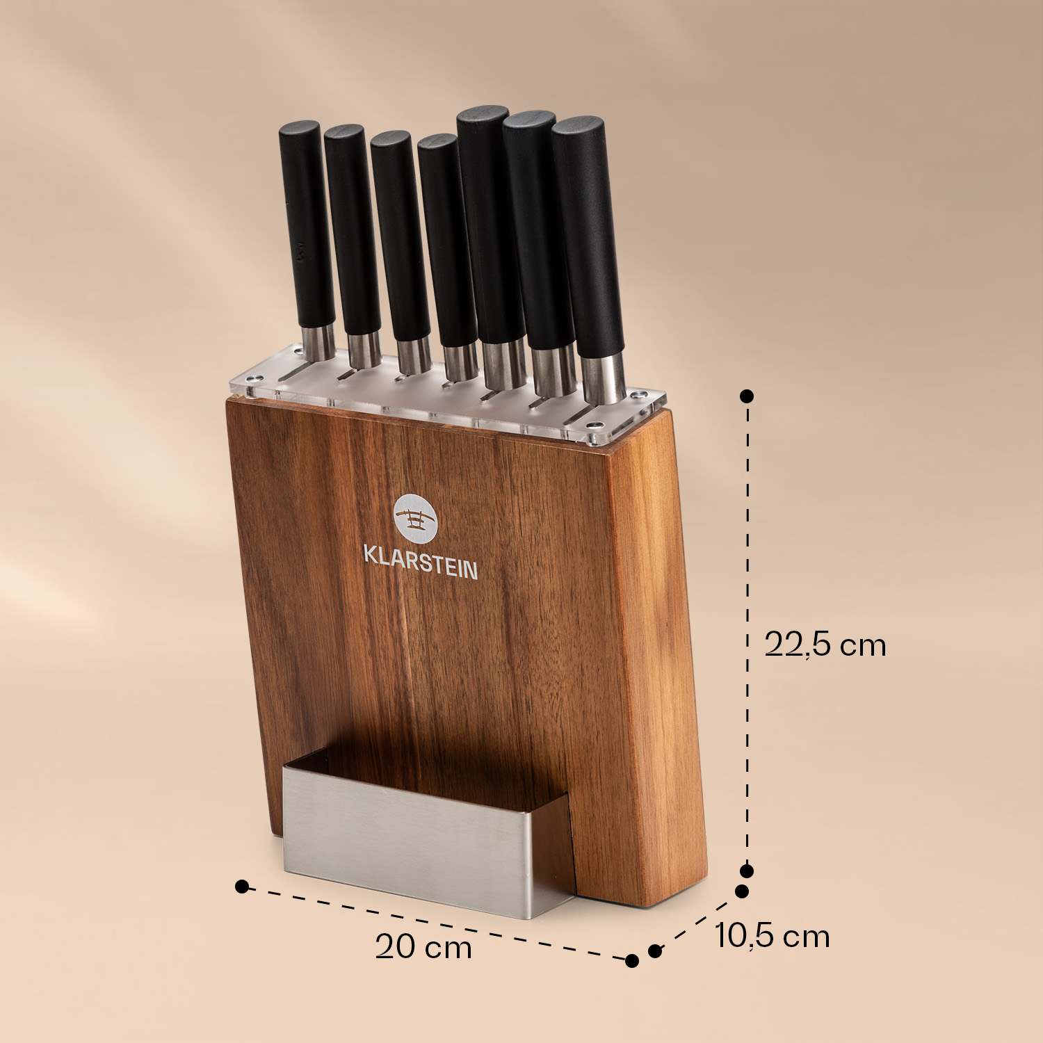 Set aus 7 Messern in einem Holzblock. Schwarze Griffe, braunes Holz. Abmessungen sind angegeben.