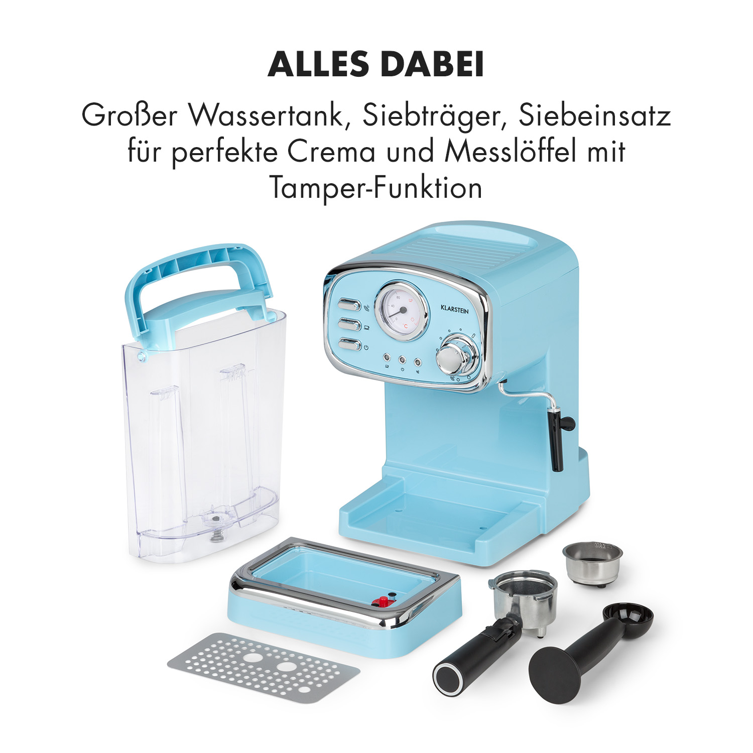 Blaue und silberne Kaffeemaschine mit Zubehör. Weißer Hintergrund.