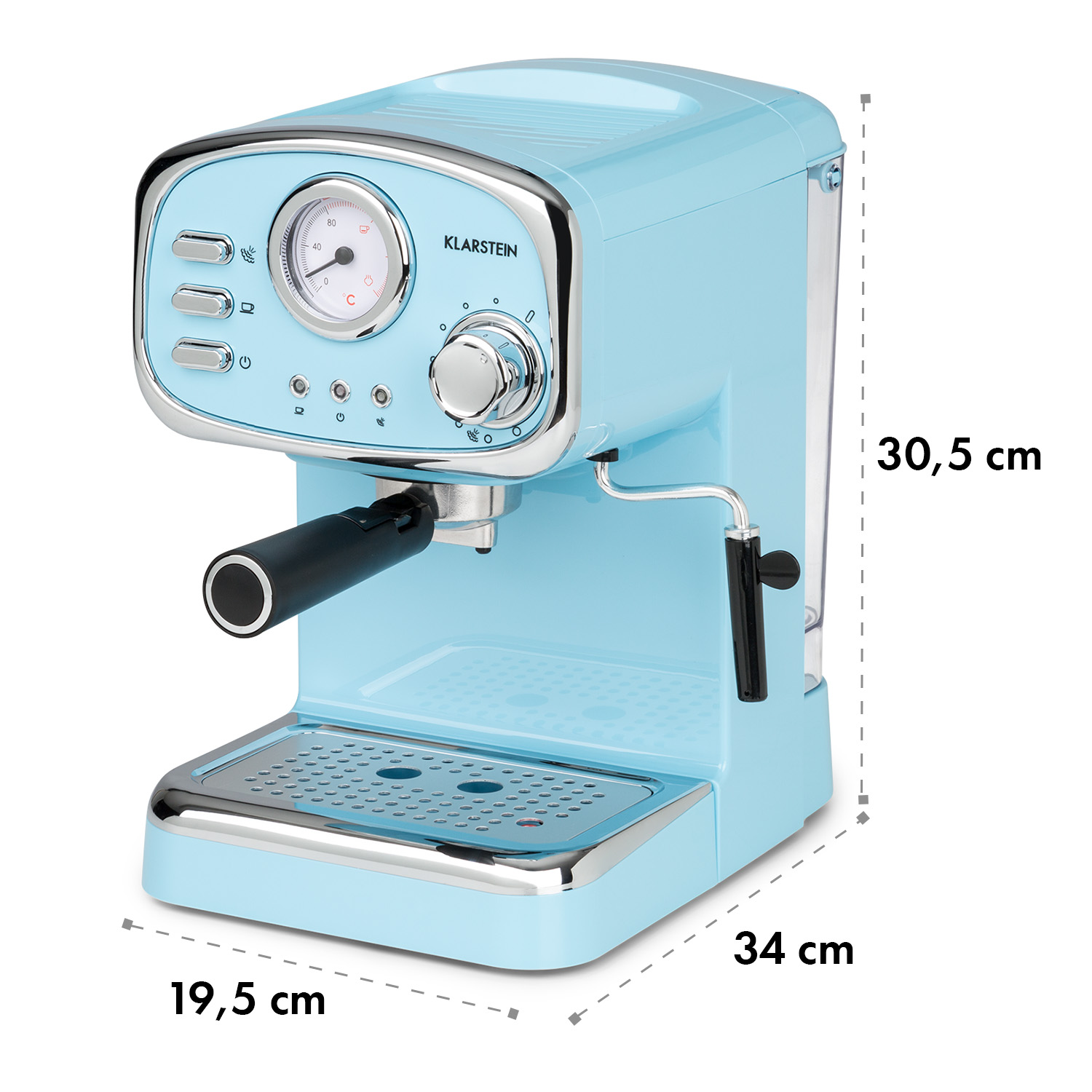 Blaue Retro-Espressomaschine. Sie hat ein Manometer und einen schwarzen Griff, mit Maßen.