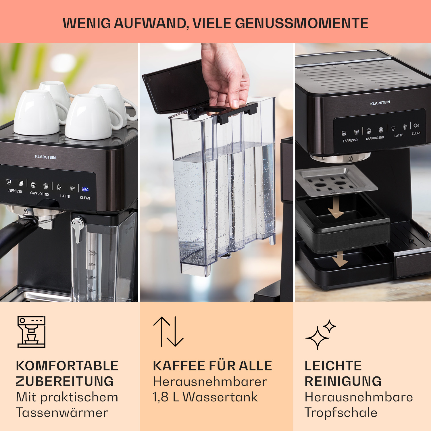 Cafetera con funciones como espresso, capuchino, latte y un depósito de agua.