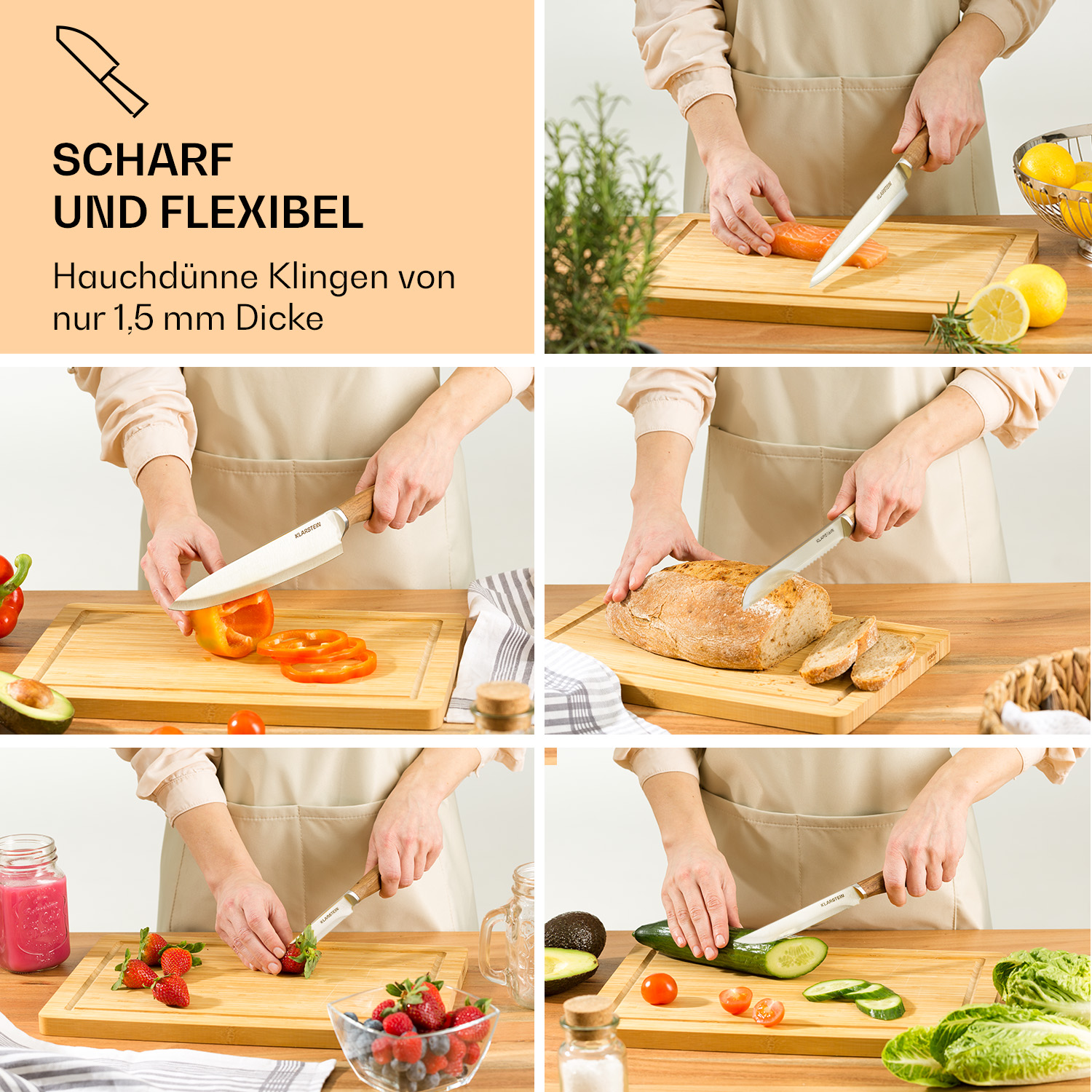 Eine Reihe von Bildern, die das Schneiden von Lebensmitteln mit einem scharfen Messer auf einem Holzbrett zeigen.
