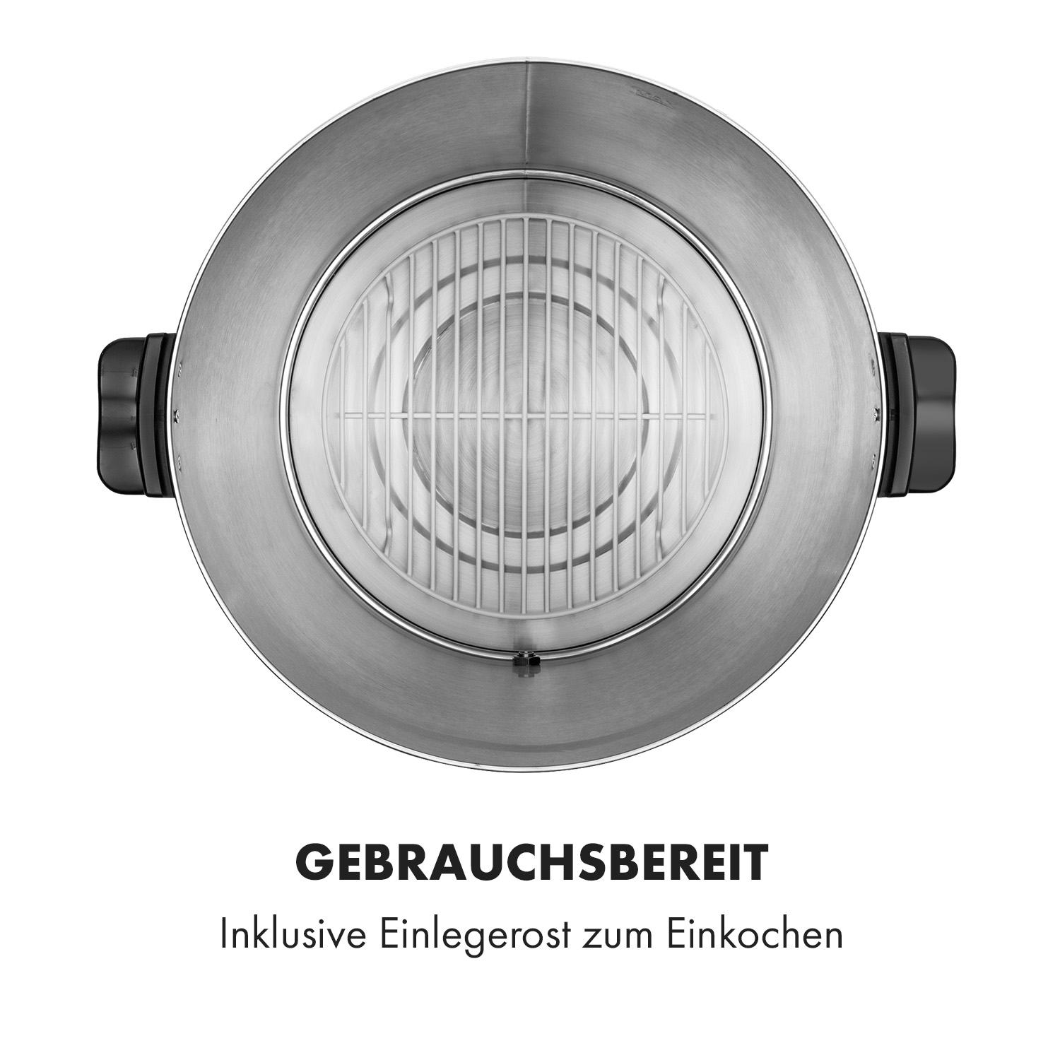Draufsicht auf einen Edelstahlgrill. Text: 'Gebrauchsfertig'. Weißer Hintergrund.