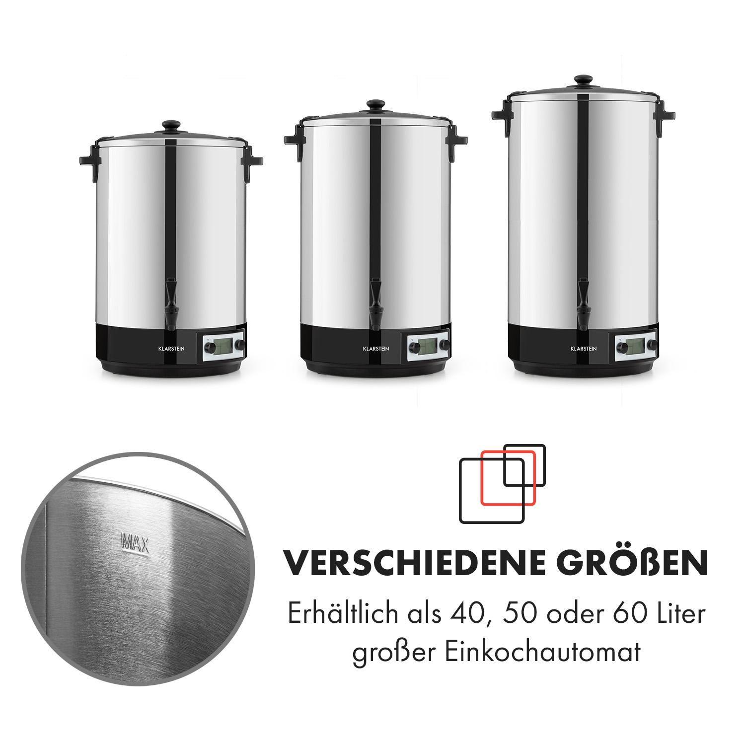 Drei Kochtöpfe aus Edelstahl in verschiedenen Größen auf weißer Oberfläche.