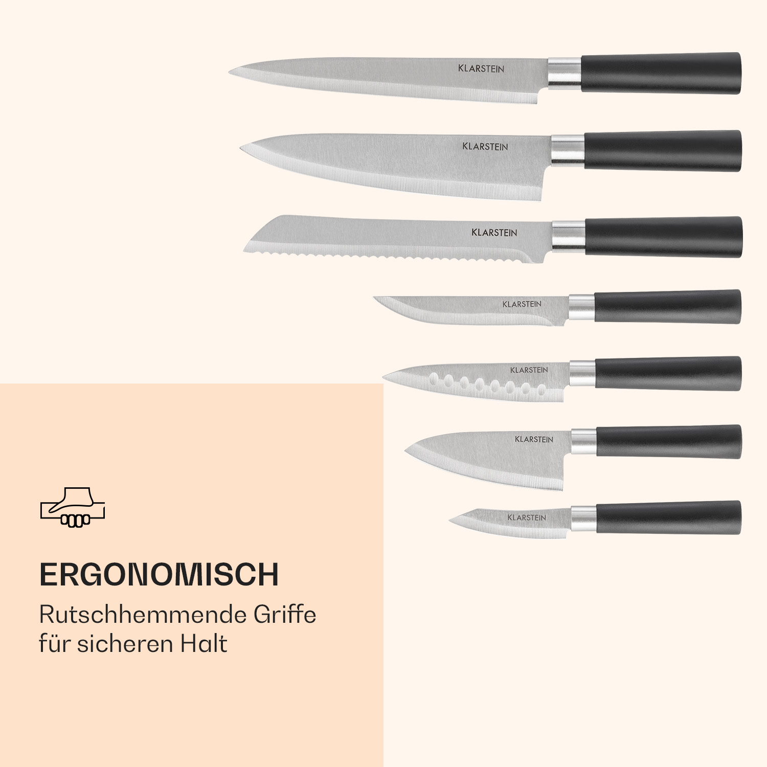 Ein Set aus sieben Küchenmessern mit schwarzen Griffen. Text: 'ERGONOMISCH', 'Rutschhemmende Griffe'.