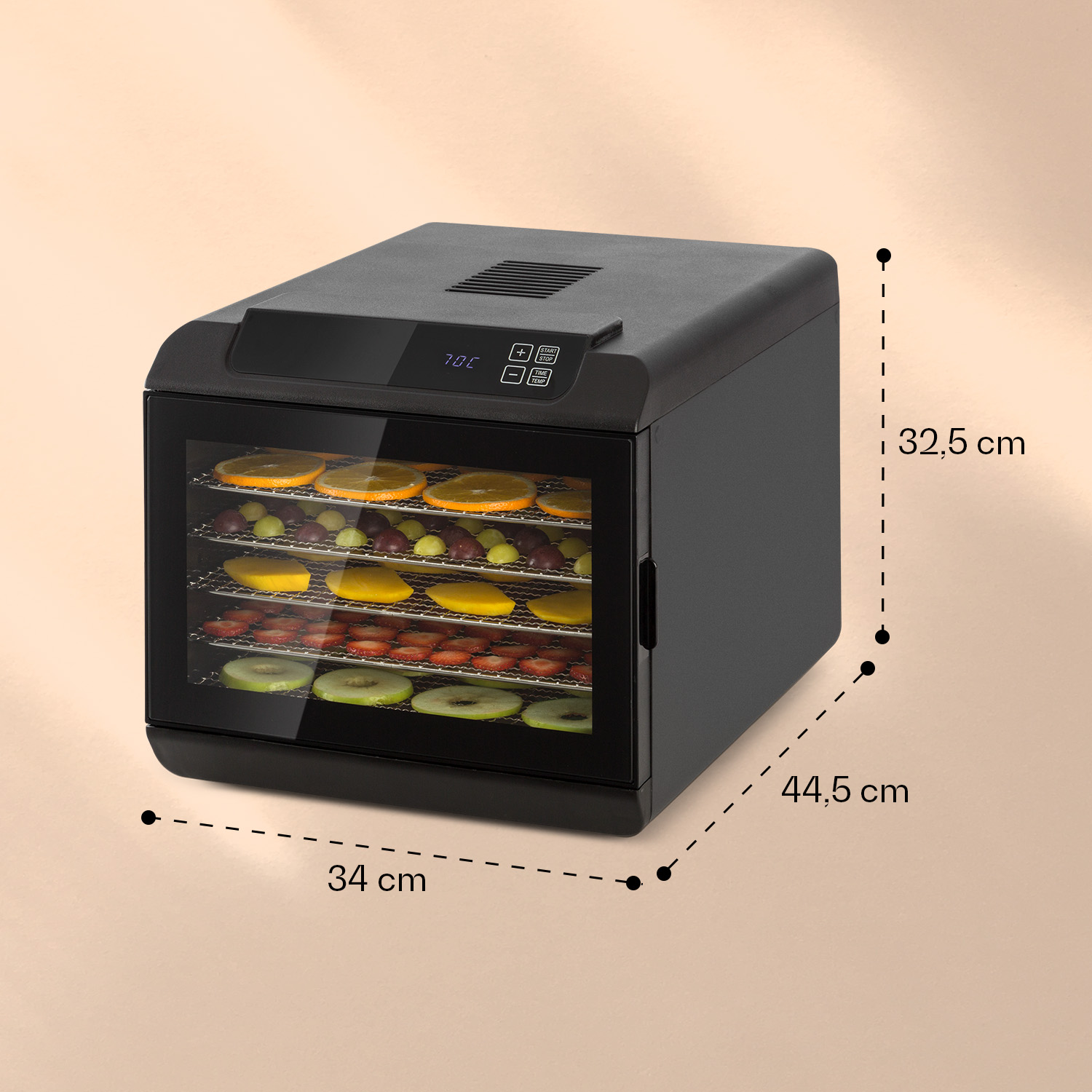 Essiccatore per alimenti nero con porta a vetri che mostra il cibo all'interno. Dimensioni e pannello di controllo visibili.