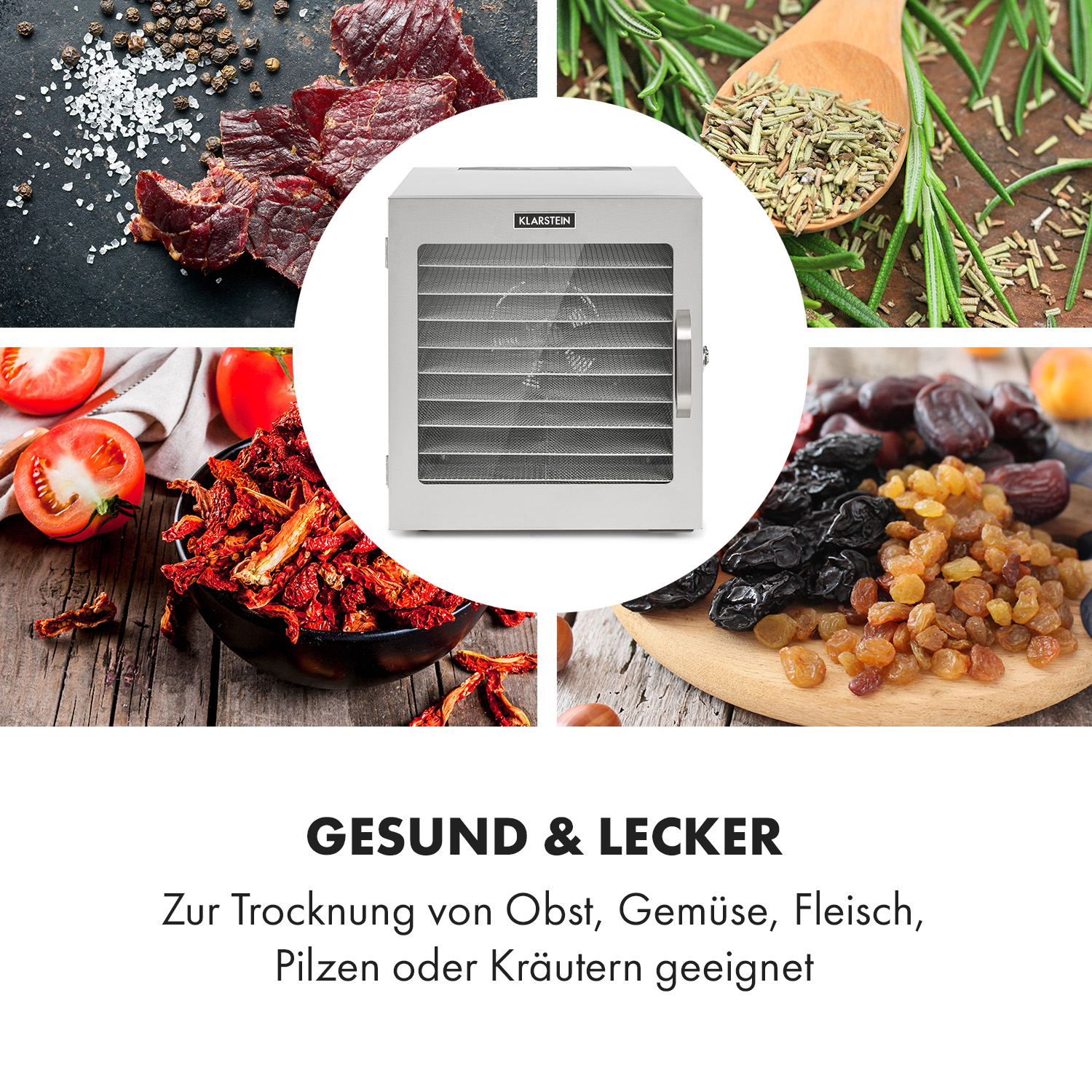 Dörrautomat mit verschiedenen getrockneten Lebensmitteln, darunter Fleisch, Kräuter und Früchte.