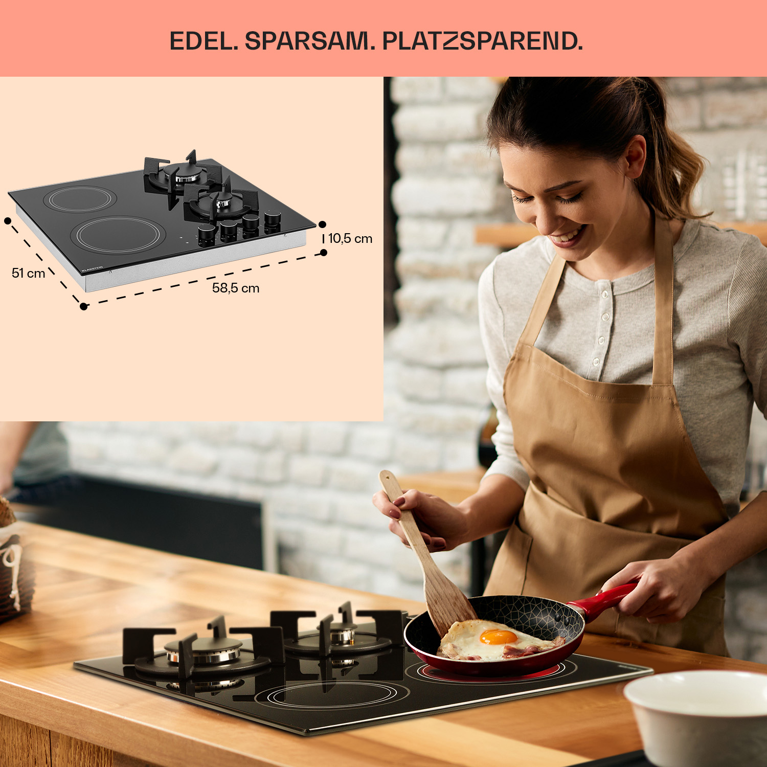 Una donna che cucina in cucina. Sta usando una padella rossa su un fornello nero.