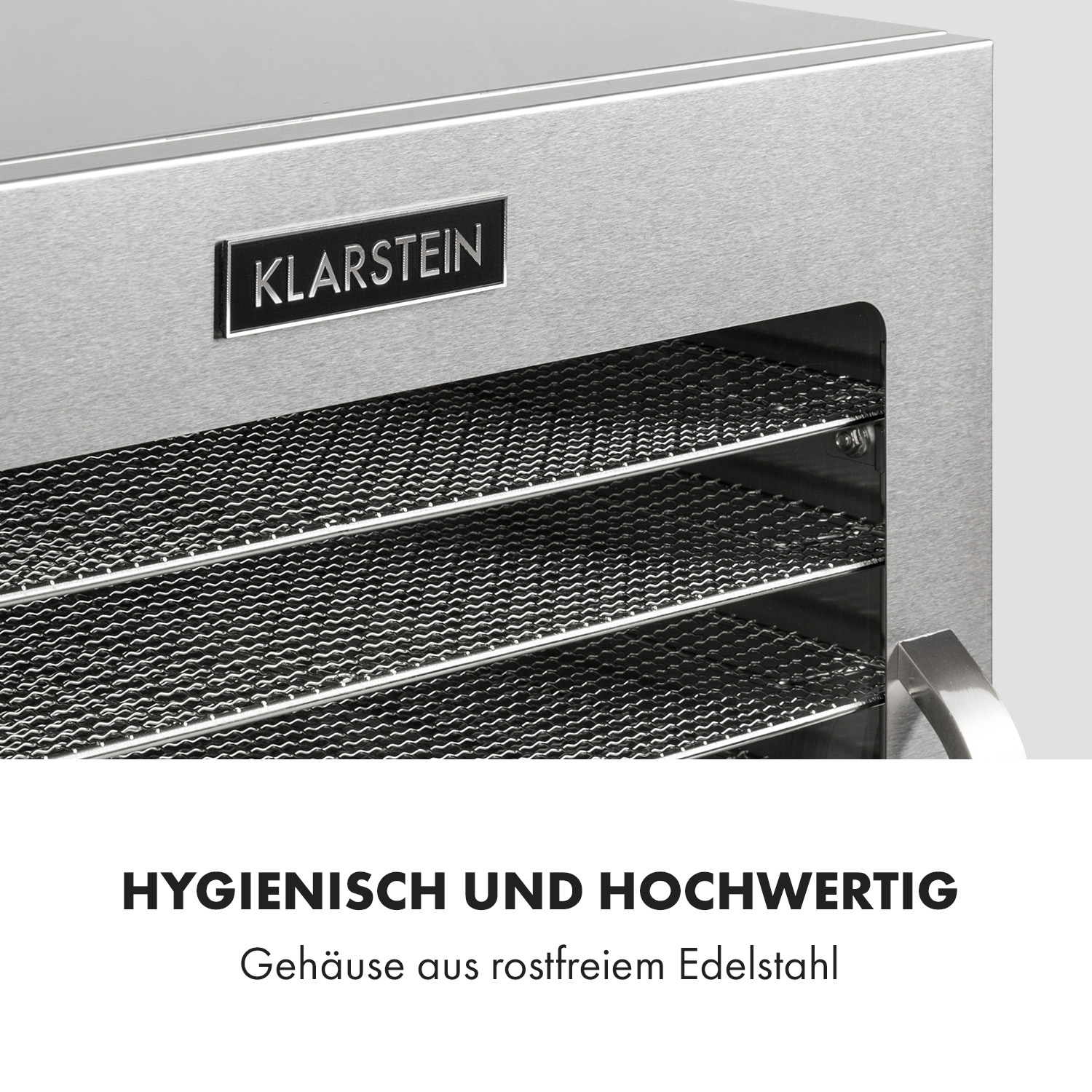 Ein Lebensmittel-Trockner aus Edelstahl. Der Text beschreibt das hygienische Gehäuse.