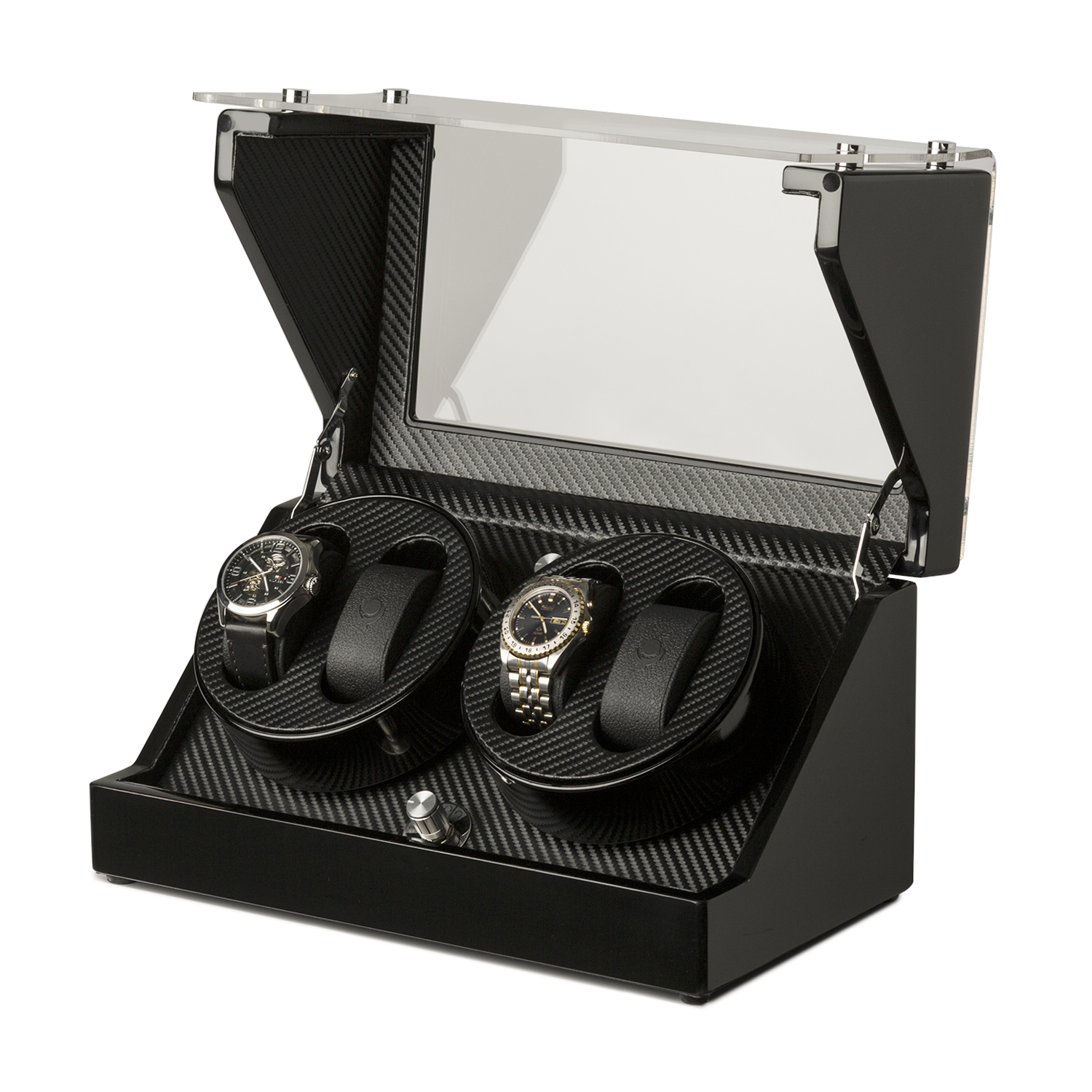 Schwarzer Uhrenbeweger mit zwei Uhren im Inneren, sichtbar durch einen transparenten Deckel. Schwarzes Carbonfaser-Design.