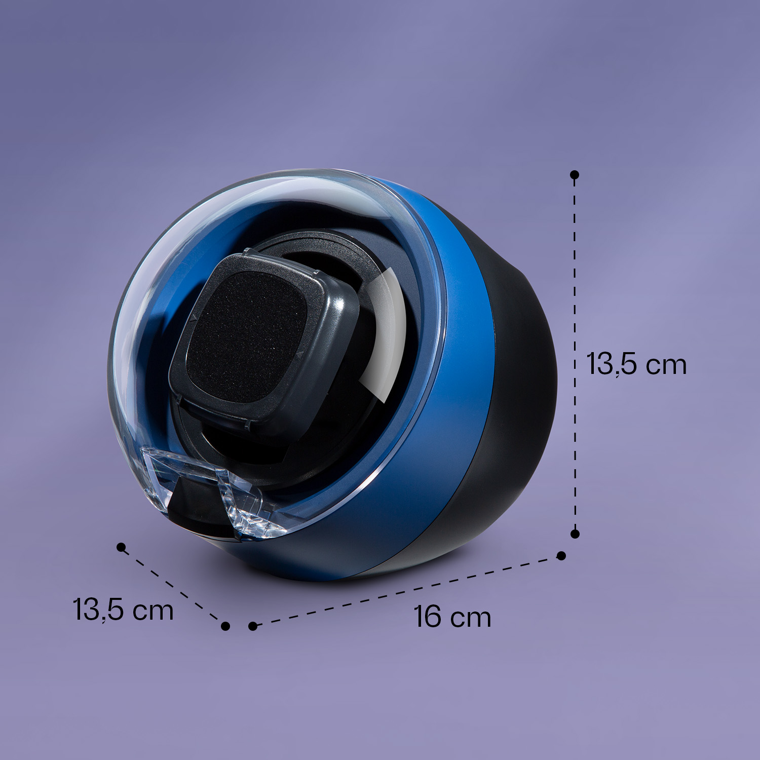 Ein blau-schwarzer Uhrenbeweger mit klarer Kuppel, Abmessungen: 13,5 cm, 16 cm und 13,5 cm.