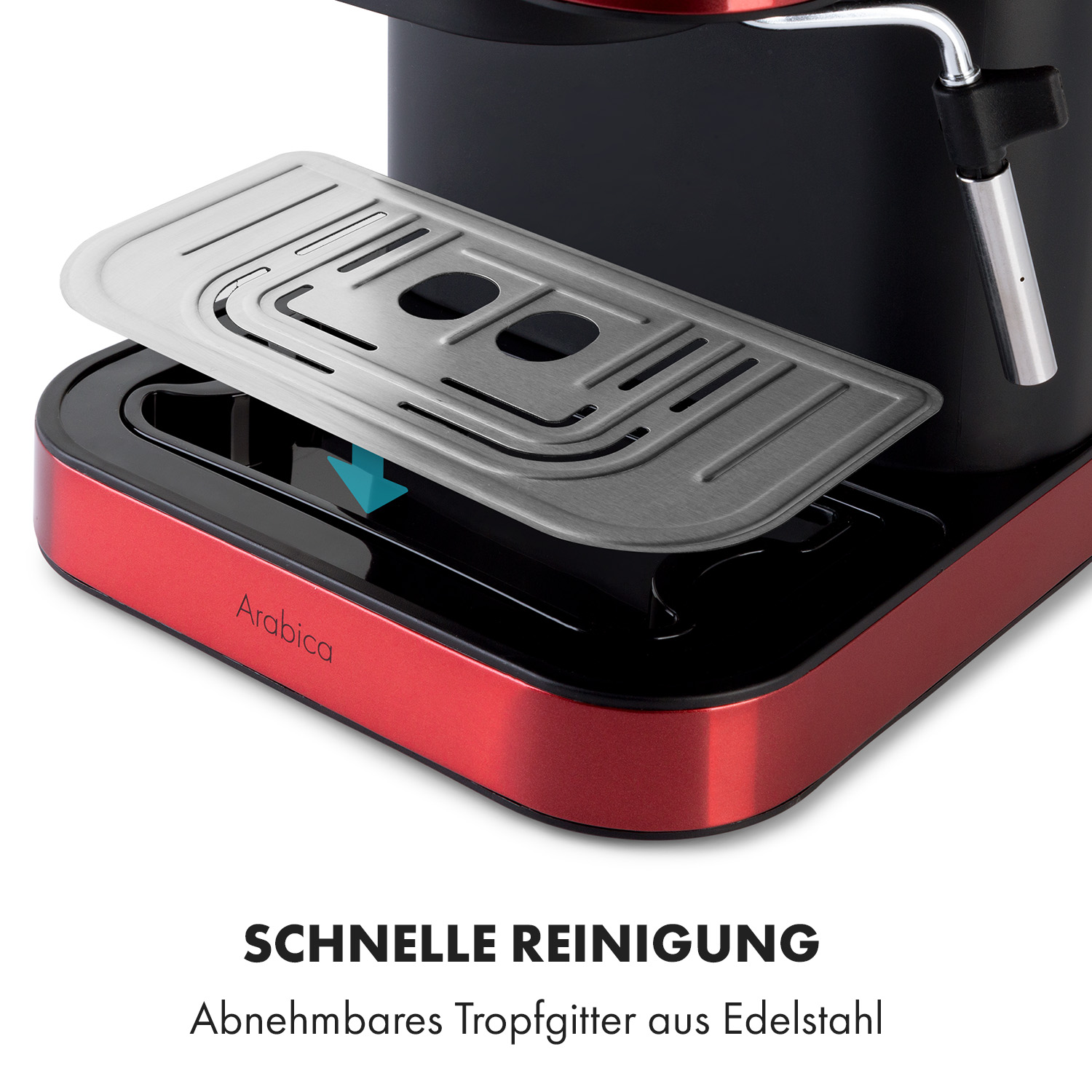 Nahaufnahme einer Kaffeemaschine mit herausnehmbarer Tropfschale aus Edelstahl.