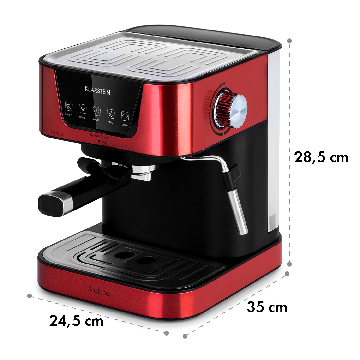 Eine rot-schwarze Espressomaschine mit den Maßen 24,5x35x28,5 cm. Der Drehregler befindet sich auf der rechten Seite.