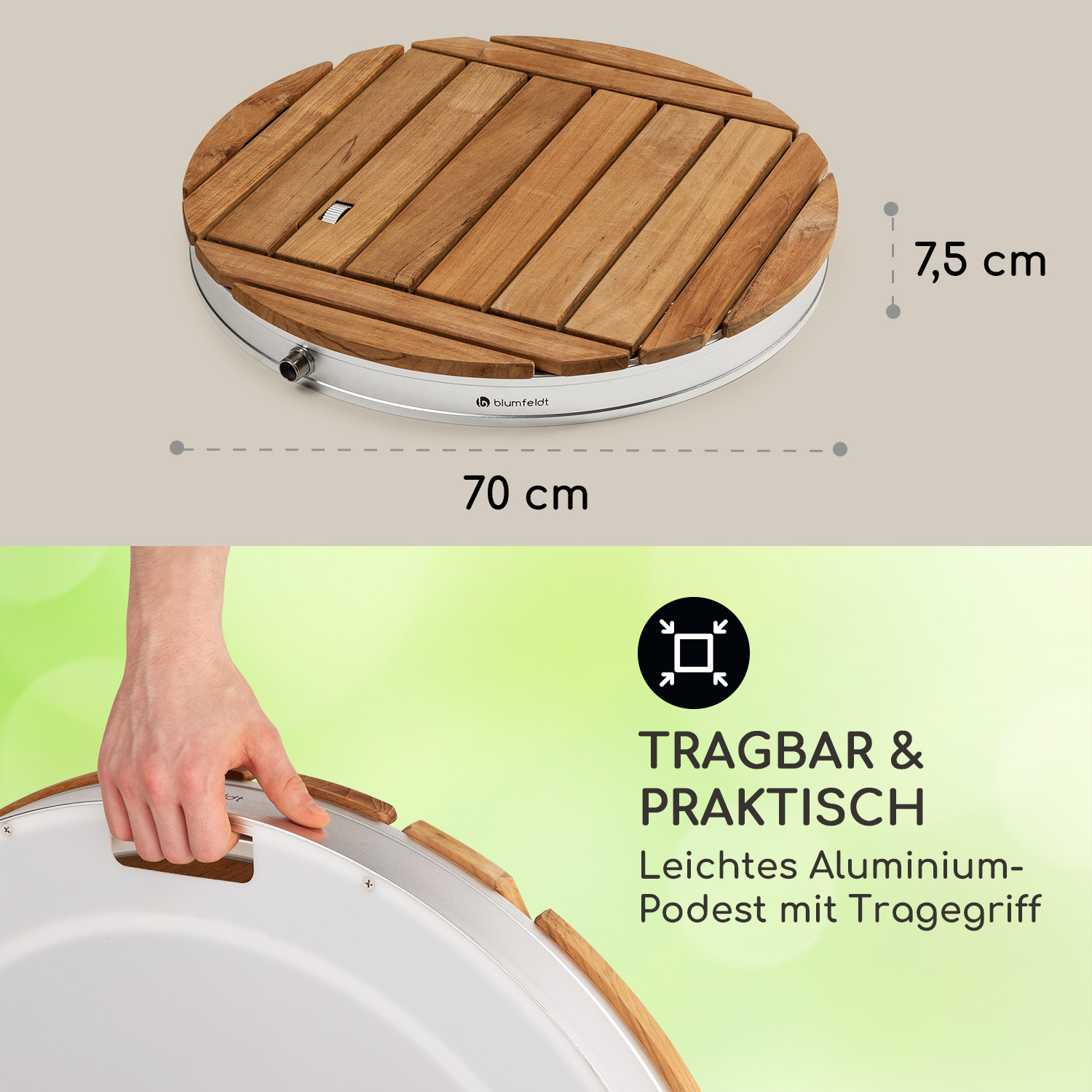 Runde Duschbasis aus Holz mit Metallrand, mit Abmessungen und Text zur Tragbarkeit gekennzeichnet.