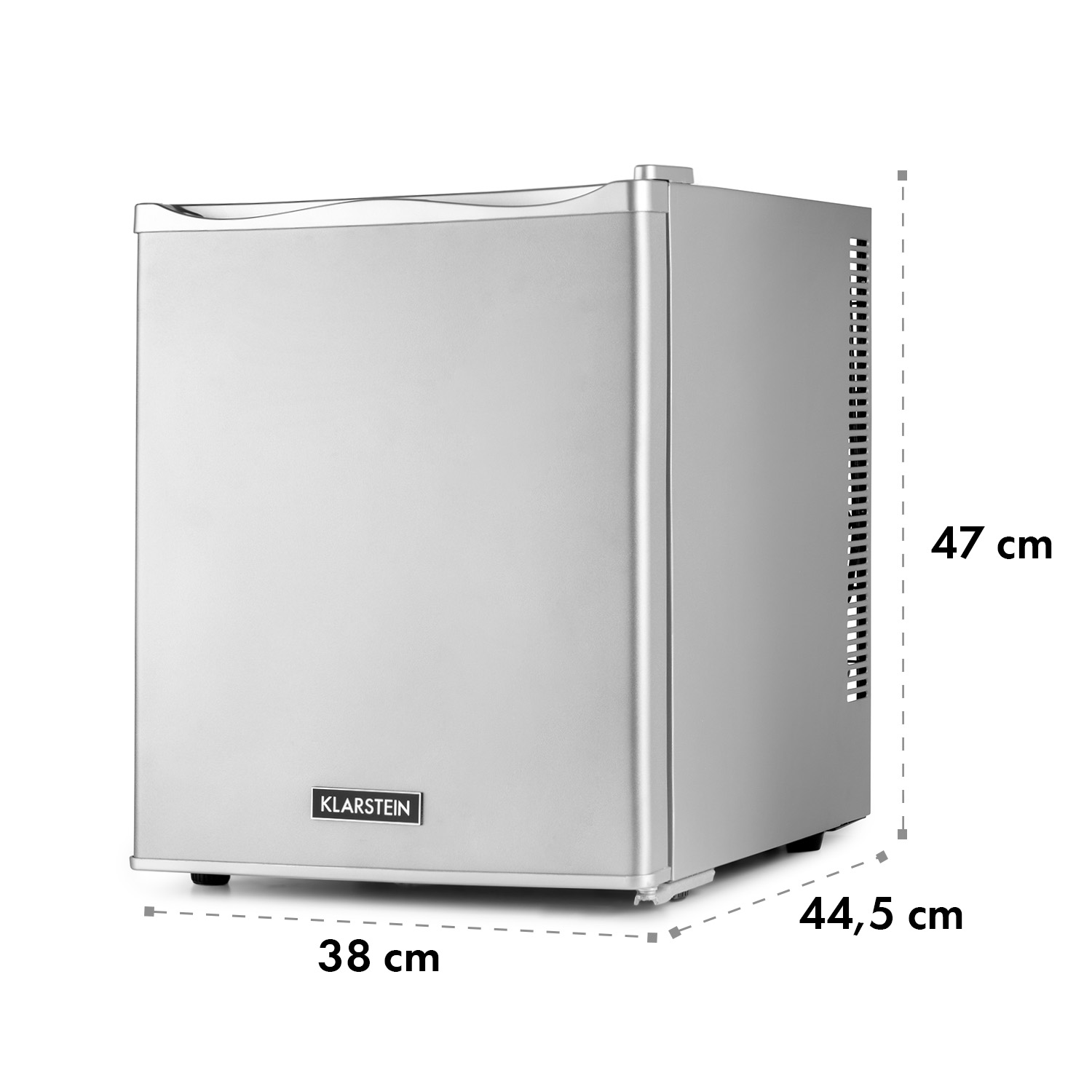 Mini nevera plateada. Dimensiones: 38 cm ancho, 44,5 cm profundo y 47 cm alto.
