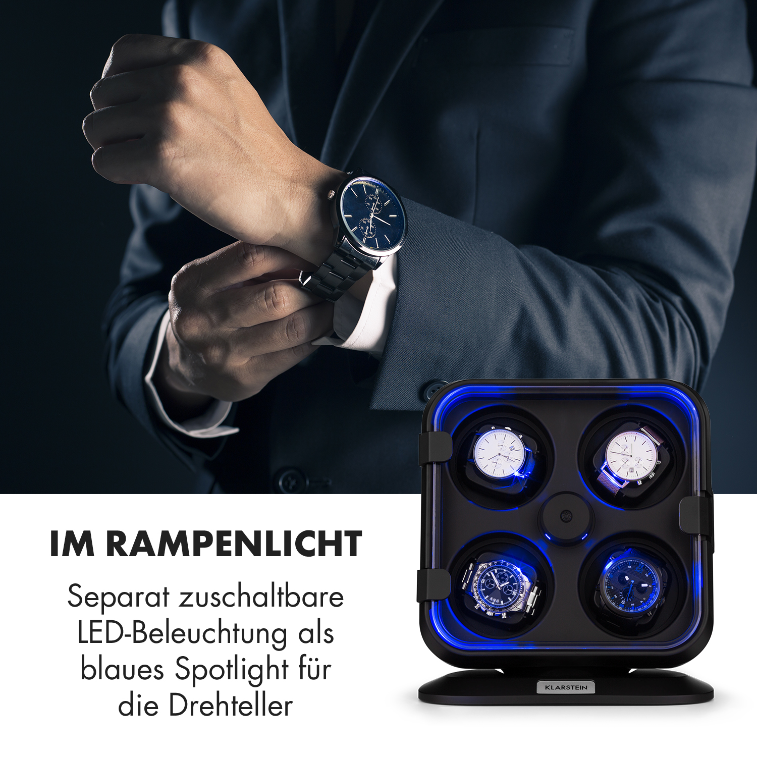 Ein Mann im Anzug stellt eine Uhr ein. Vier Uhren befinden sich in einem Uhrenbeweger mit blauem Licht.